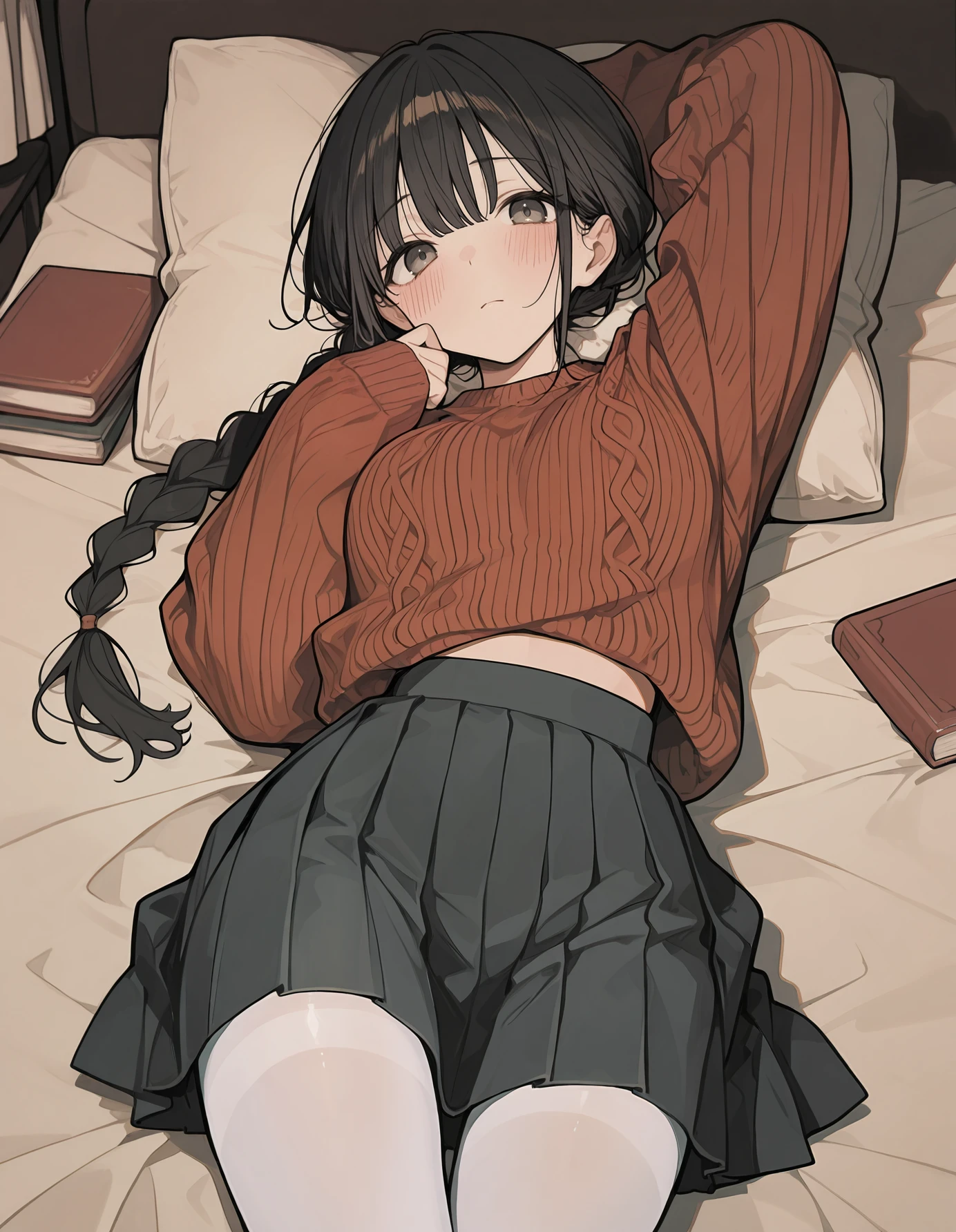 masterpiece, best quality,high quality, newest, highres,absurdres, <lora:aosiai123_style:1>,traditional media,  aosiai123_illu,  1girl, solo,white pantyhose, skirt, sweater, red sweater, braid, lying, long hair, looking at viewer, on back, thighband pantyhose, book, blush, arm up, pillow, pleated skirt, black hair, long sleeves, on bed,sepia