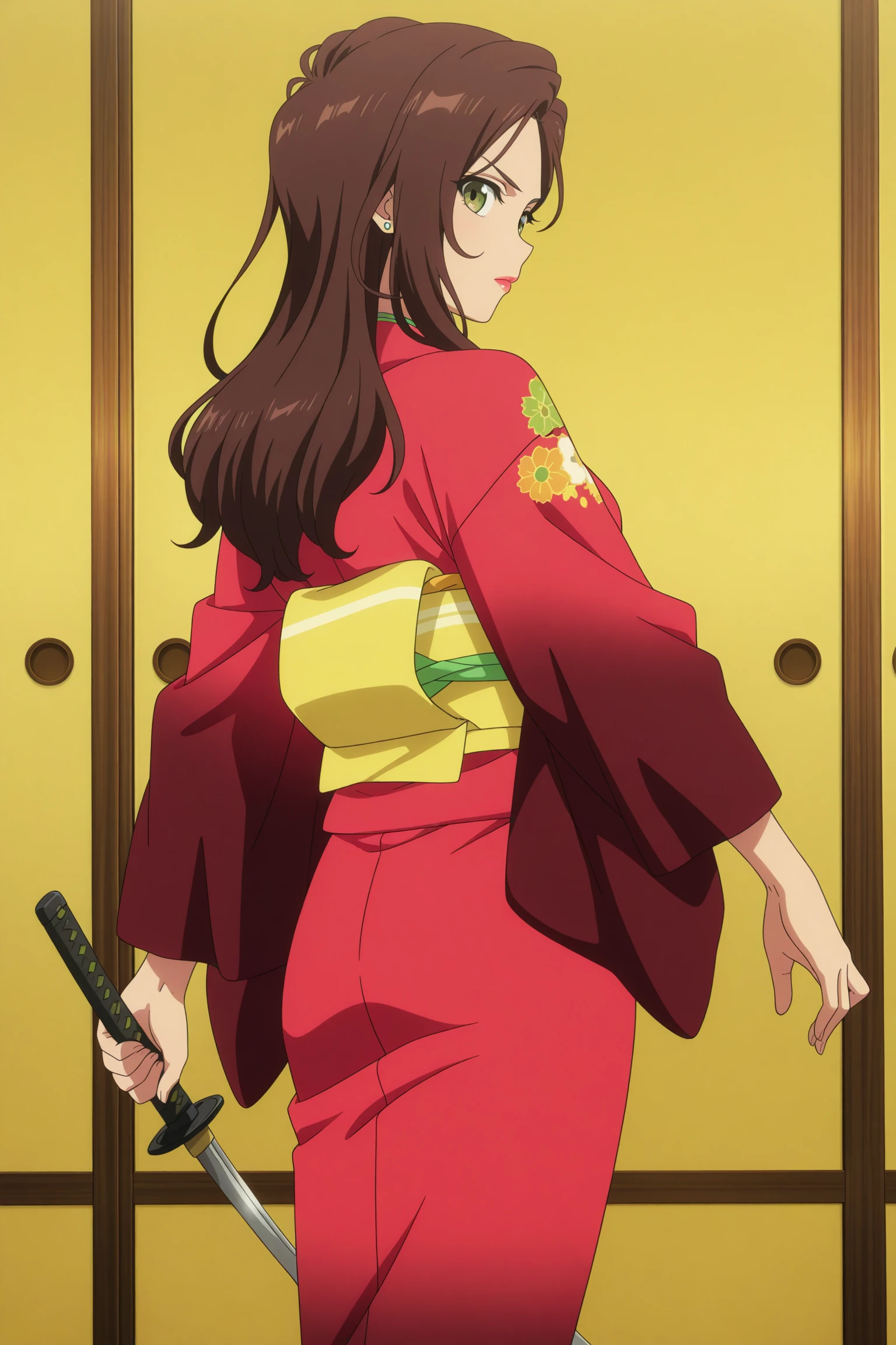 masterpiece, best quality, amazing quality, highres, absurdres, very aesthetic, high resolution, ultra detailed, perfect details, 1girl, solo, indoors, miyai kaede, long hair, brown hair, parted hair, green eyes, lipstick, stud earrings, japanese clothes, kimono, wide sleeves, red kimono, gradient kimono, obi, obiage, obijime, white socks, tabi, zouri, <lora:Kaede_Miyai_ILXL:0.8>, (aged up:1.2), (cowboy shot:1.4), looking at viewer, (anime screencap:1.5), (anime coloring:1.5), (pose), serious, (from behind:1.4), holding weapon, tantou
