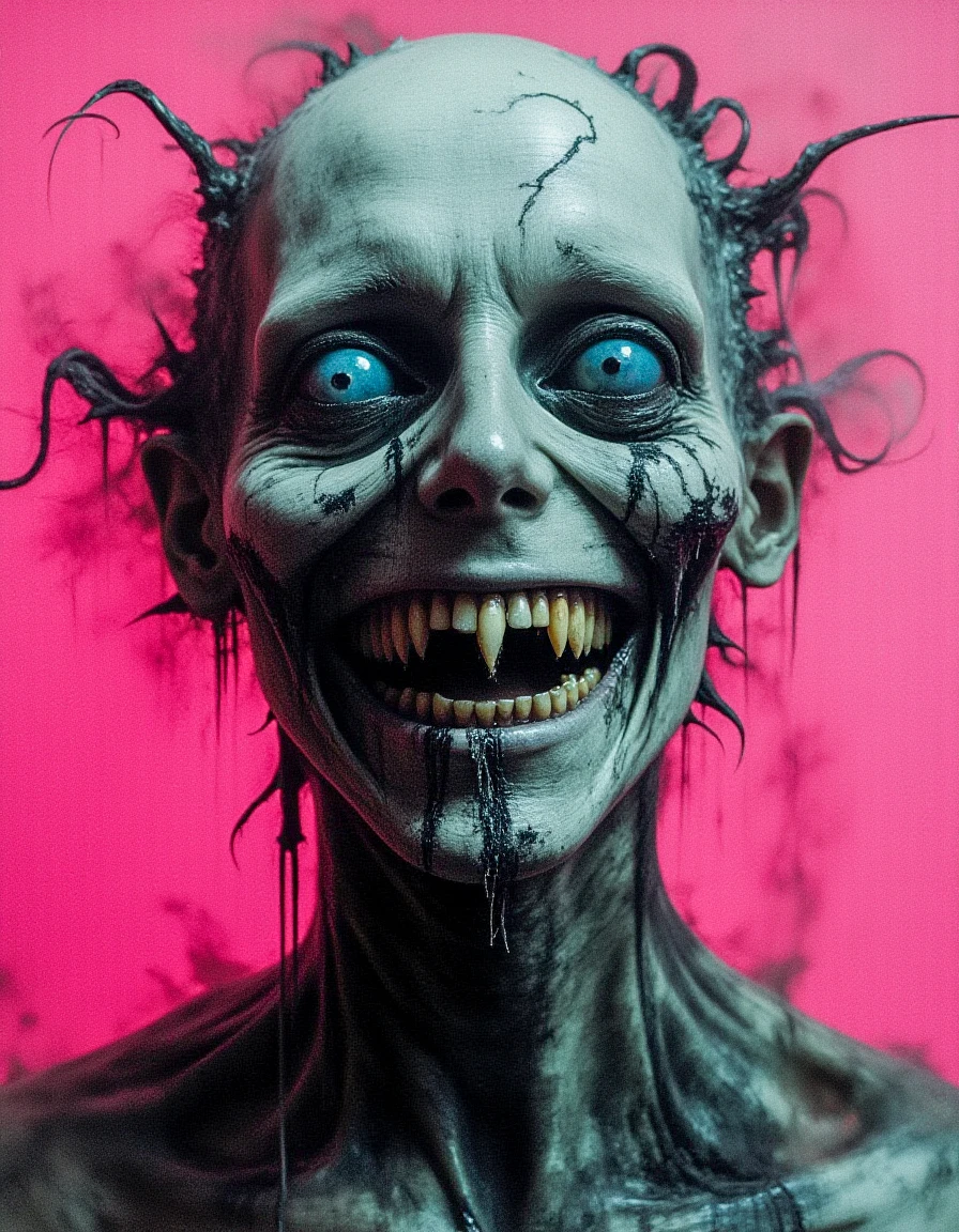 Analog photo, eerie and haunting extreme face close-up ofa vampire with a weathered, menacing, surreal appearance, with an unnerving smile with missing teeth, striking eyes, and grotesque features. The vampire has one gold-colored tooth and wears the remains of a tattered tunic with sci-fi elements. The eyes are shaded, sad and pained, with a contagious sorrow accentuating the intense, unsettling gaze. The macabre photograph is hyper-detailed, taken on an older analog camera, featuring a vibrant neon fluorescent monochromatic gradient background in bleached tones, combined with gray and white color grading for a dramatic effect. Reticulating Noise Gradient, noisy, grain-shaded gradient, vibrant neon fluorescent hues, grainy, pixelated texture, filter-enhanced, stylized image, monochromatic color scheme, neon fluorescent theme, Poster art, print, occult, dark, horror, dark fantasy, ethereal,
<lora:Dark_Art-v1.14:1> Dark Art