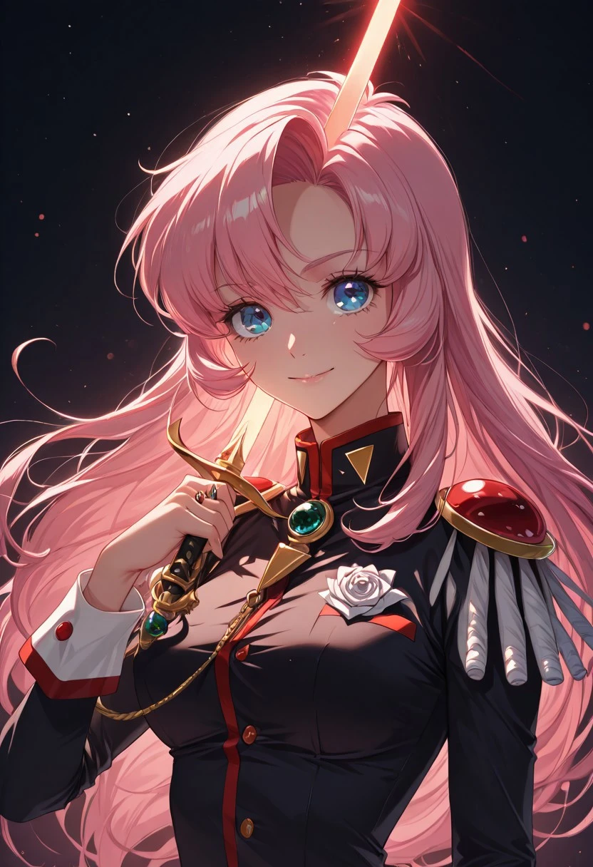 score_9, score_8_up, score_7_up, dynamic view, eye_focus, solo, looking_at_viewer, 1girl,
masterpiece, best quality, bokeh, luminescent background,
(, tenjou utena, blue eyes, long hair, pink hair, hair between eyes, medium breasts, black jacket, epaulettes, aiguillette, white sleeve cuffs, long sleeves, red shorts, short shorts, bike shorts, see-through skirt, red socks, shoes, sword of dios, jewelry, ring,
),
portrait, happy,