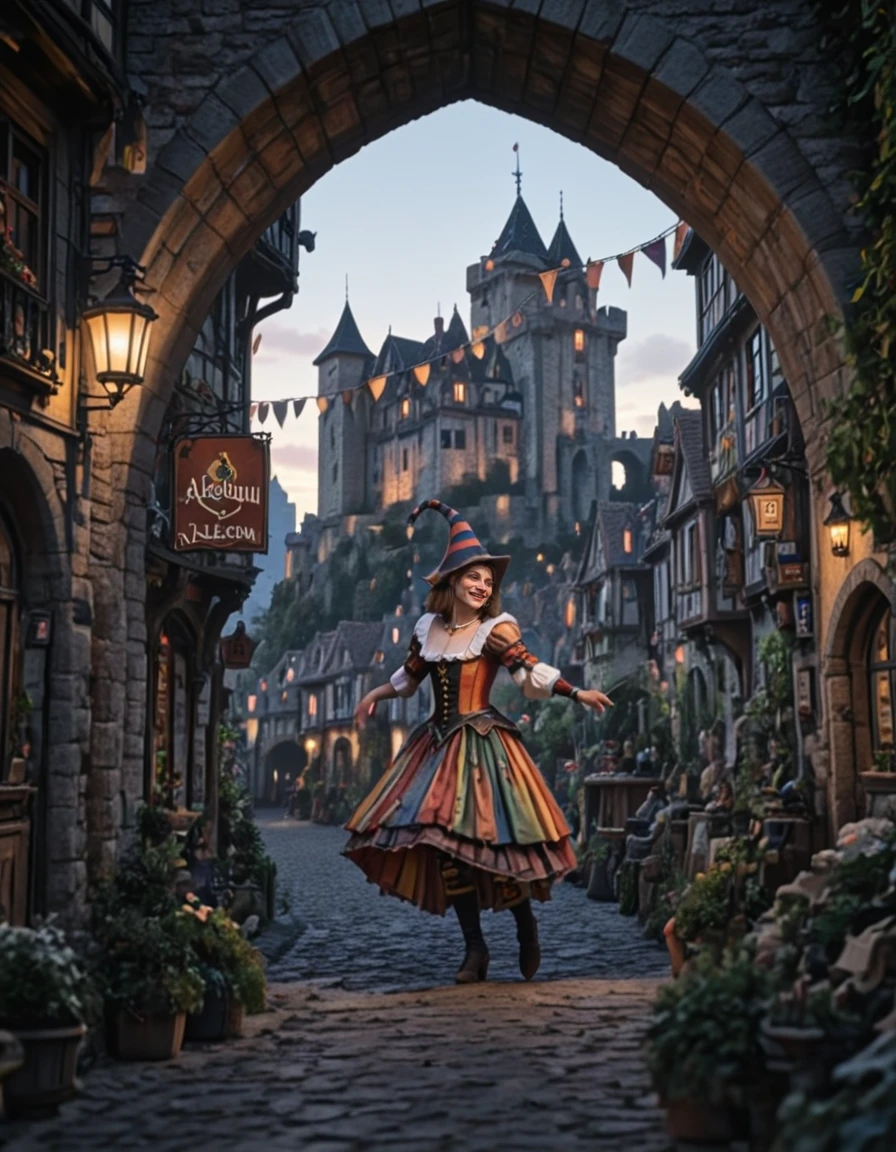 <lora:Medieval_Worlds_Specialxlb:1> medieval, sun shades, very detailed, very narrow street, ground view, high castle in the background, signs, shop, illuminated, city lights, houses, vegetation, sunset, under arch, arlequin, dancing, closeup, little garden, full body, mw01out,