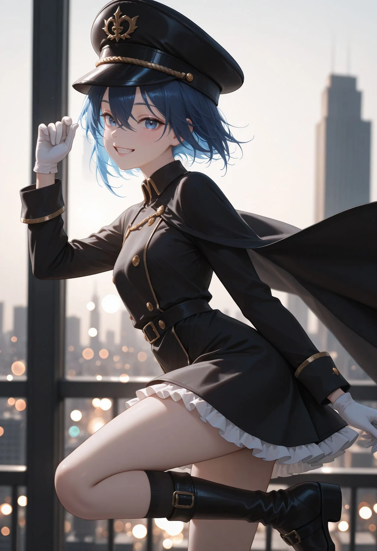 masterpiece,best quality,absurdres,highres,very aesthetic,high quality,detailed,insanely detailed,beautiful,
gugugu_(enigma0009)
 ,depth of field,blurry background,cityscape,bokeh, looking at viewer, grin, from side,
<lora:Inui Sajuna illu:1>, bbsajuna,blue eyes,peaked cap,black headwear,blue hair,short hair,hair between eyes,bangs,black cape,dress,(black dress:1.4),long sleeves,(white gloves:1.1),(black skirt:1.4),frilled skirt,socks,black socks,boots,black footwear