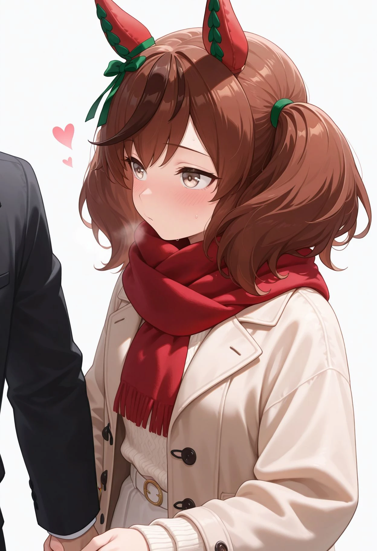 masterpiece,amazing quality,best quality,ultra-detailed,
<lora:Nice Nature Illu:1>1girl, animal ears, red scarf, horse girl, white background, holding hands, simple background, brown eyes, blush, solo focus, brown hair, twintails, trainer (umamusume), streaked hair, heart, multicolored hair, coat, 1boy, ear covers, medium hair, long sleeves, alternate costume, sweater, casual, out of frame
