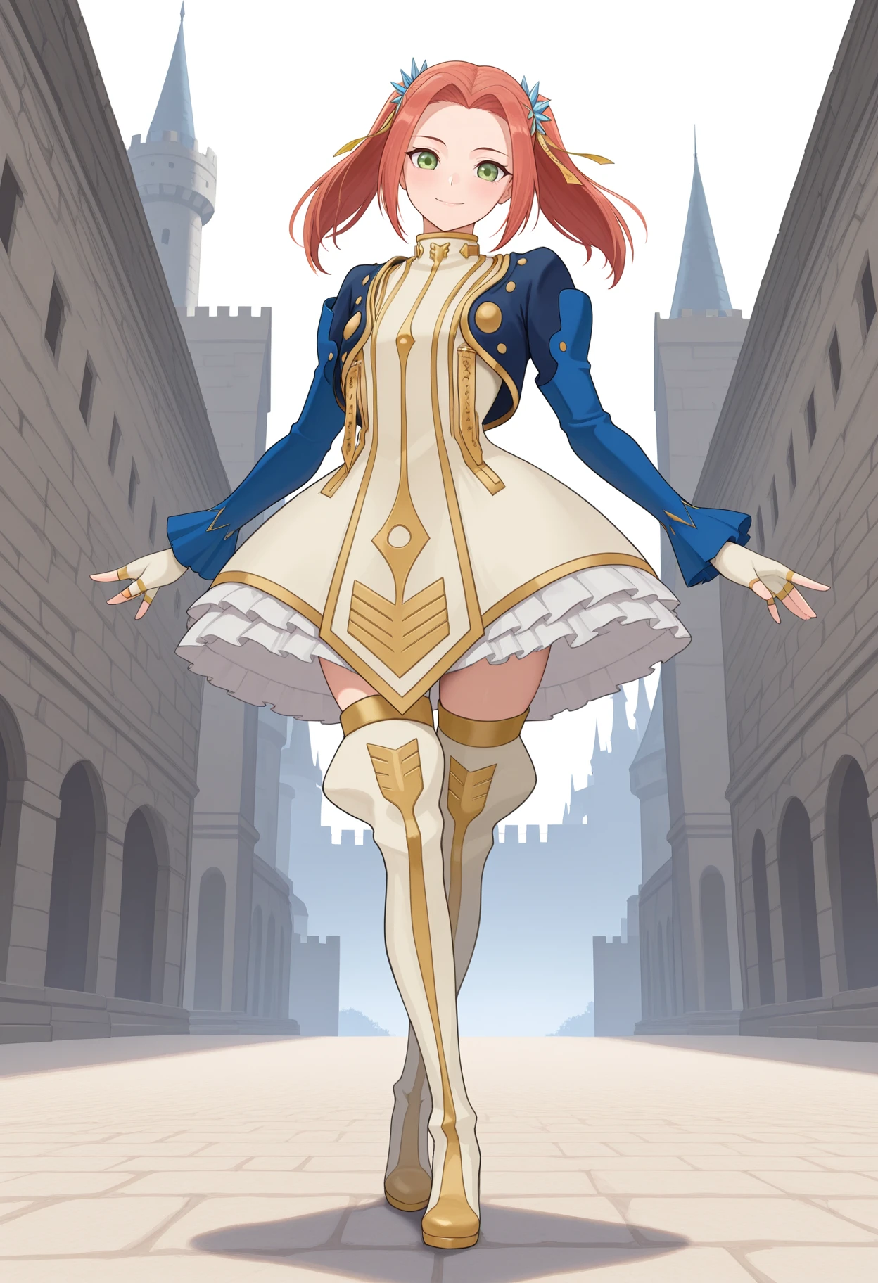 masterpiece, best quality, amazing quality, eleanor hume, green eyes, smile, twintails, short dress, red hair, hair ornament, thigh boots, cropped jacket, frills, fingerless gloves, full body, castle