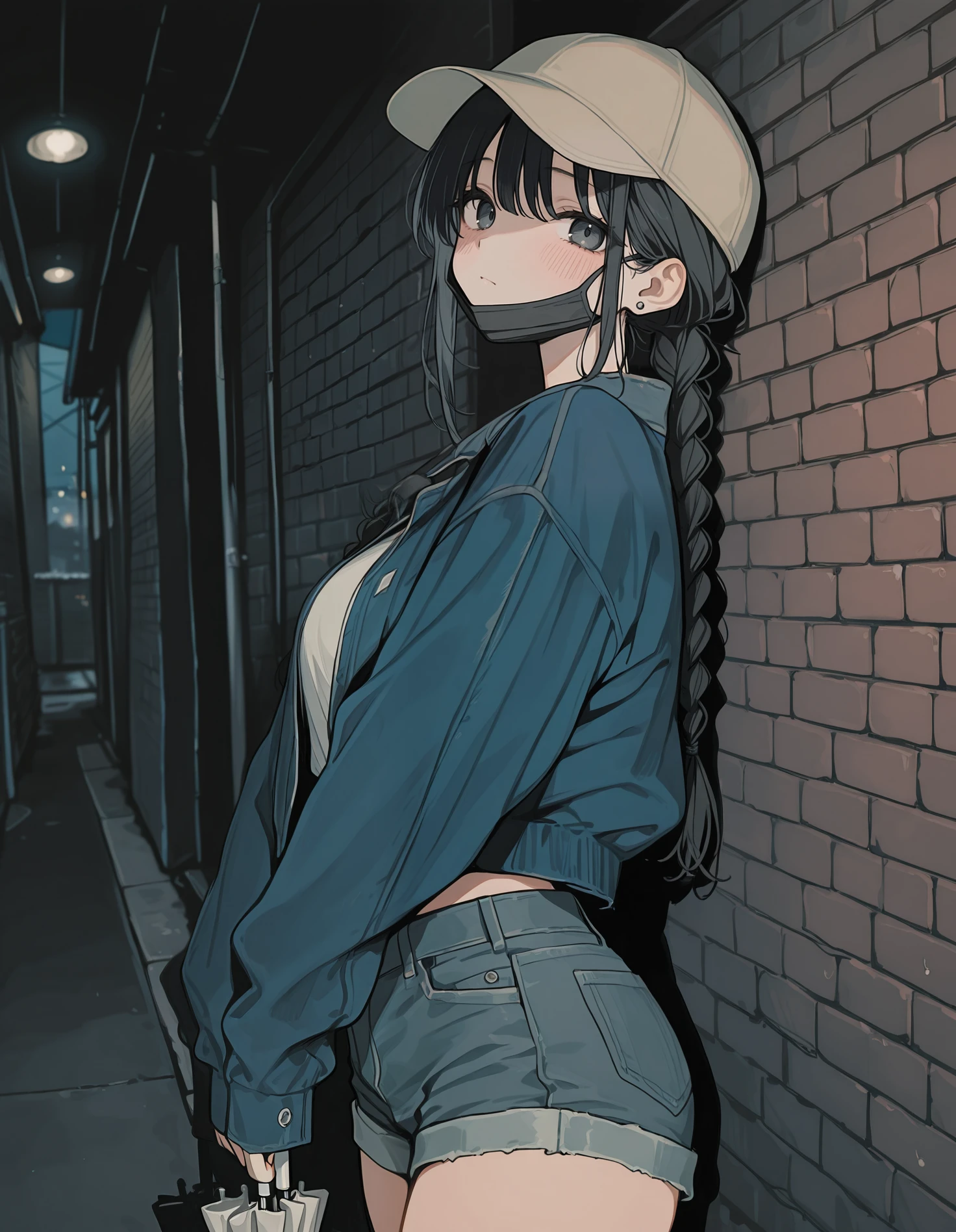 masterpiece, best quality,high quality, newest, highres,absurdres, <lora:aosiai123_style:1>,traditional media, aosiai123_illu, 1girl, solo, mouth mask, hat, shorts, mask, long hair, black hair, braid, umbrella, jacket, brick wall, denim, looking at viewer, baseball cap, blush, shirt, short shorts, blue jacket, denim shorts,dark,black
