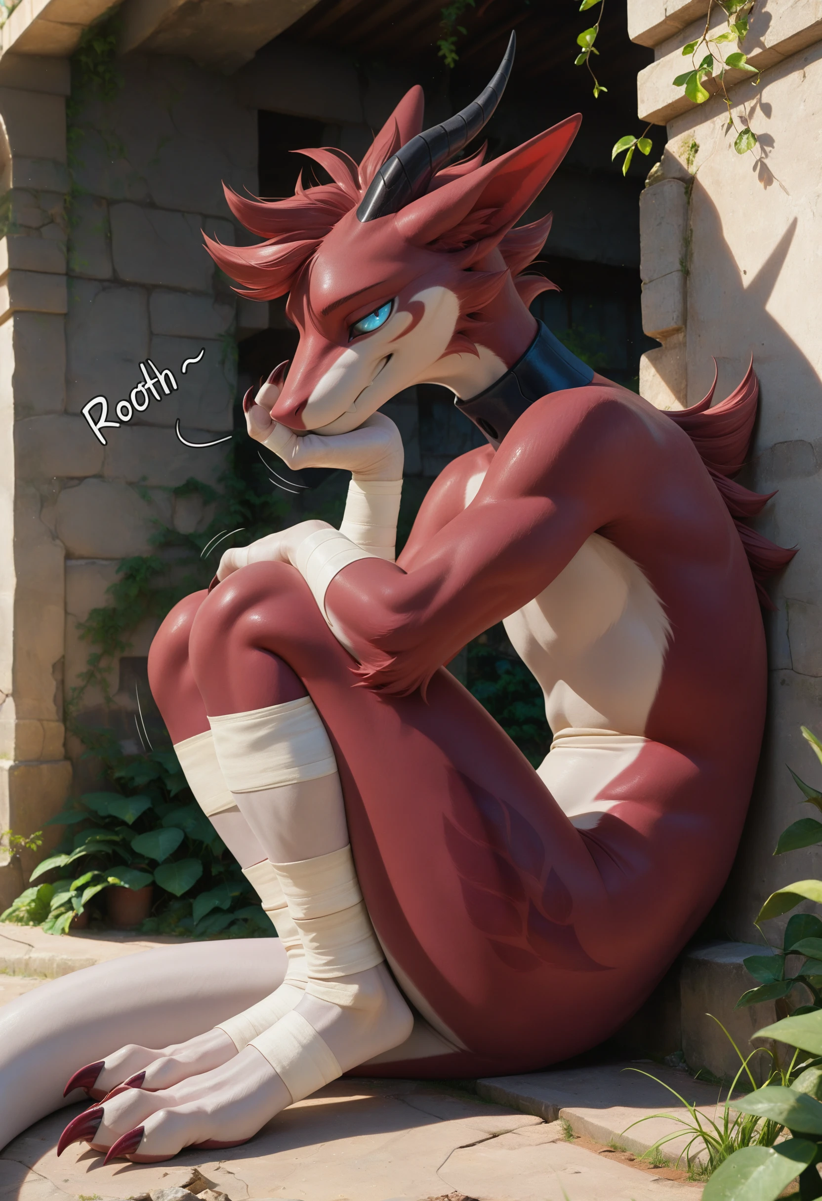 (masterpiece, best quality, very aesthetic, newest, 2024), photorealism, photorealistic, hi res,
1boy, z3phyr, furred dragon, solo, anthro, blue eyes, claws, furry, hi res, male, no humans, tail, colored sclera, bandages, looking at viewer, cropped legs, outdoor, single horn, fetal position,
flirty expression, seductive glance, sound effect, motion lines, ruins <lora:Zephyr_Blitzdrachin_OC_Illustrious:1>