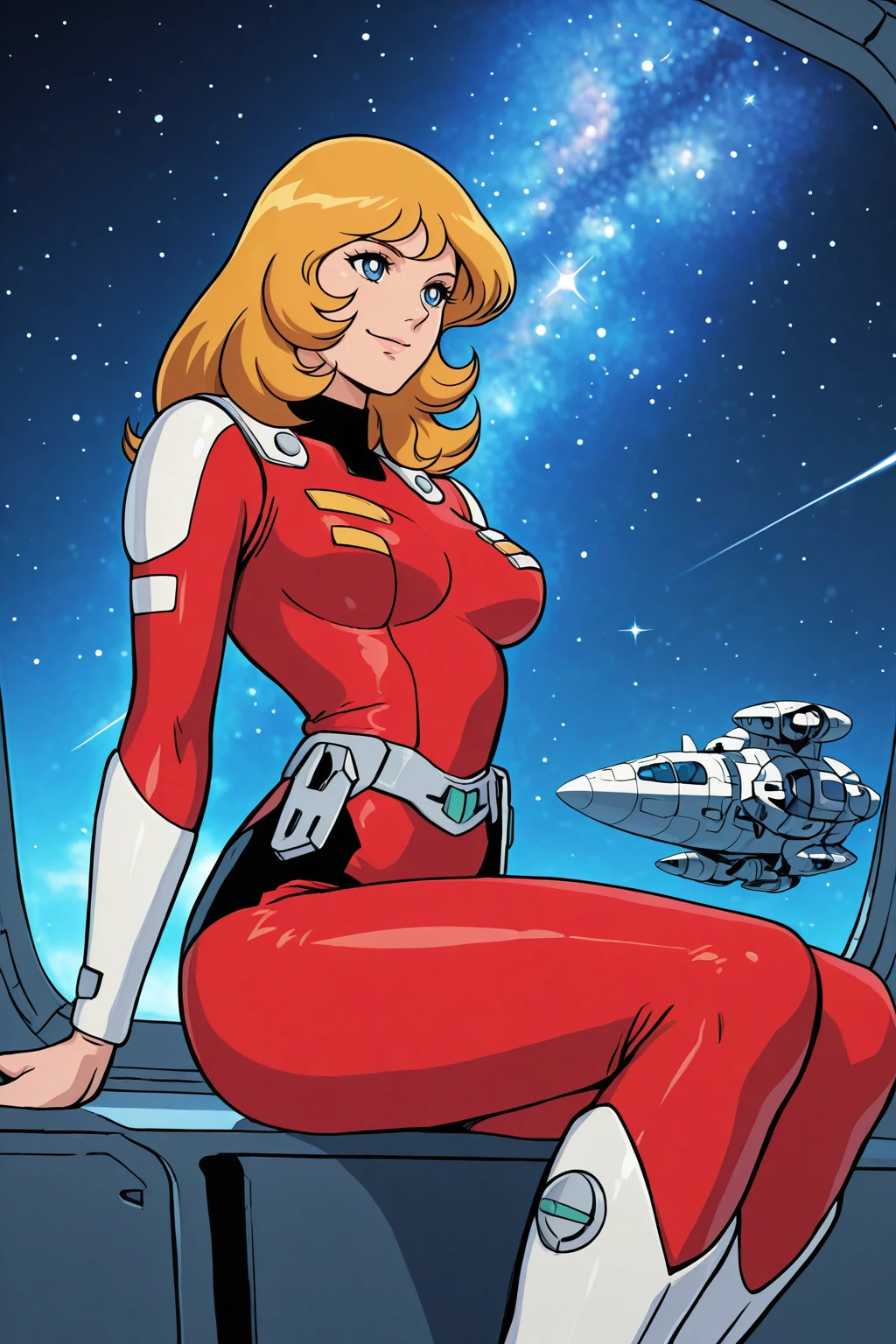 masterpiece, good quality, best quality, very awa, very as2, absurdres, highres
<lora:Joan LandorilluLoRA:1>long hair, joanl, bodysuit, belt, boots, sitting, window, spacecraft, milky way, smile
