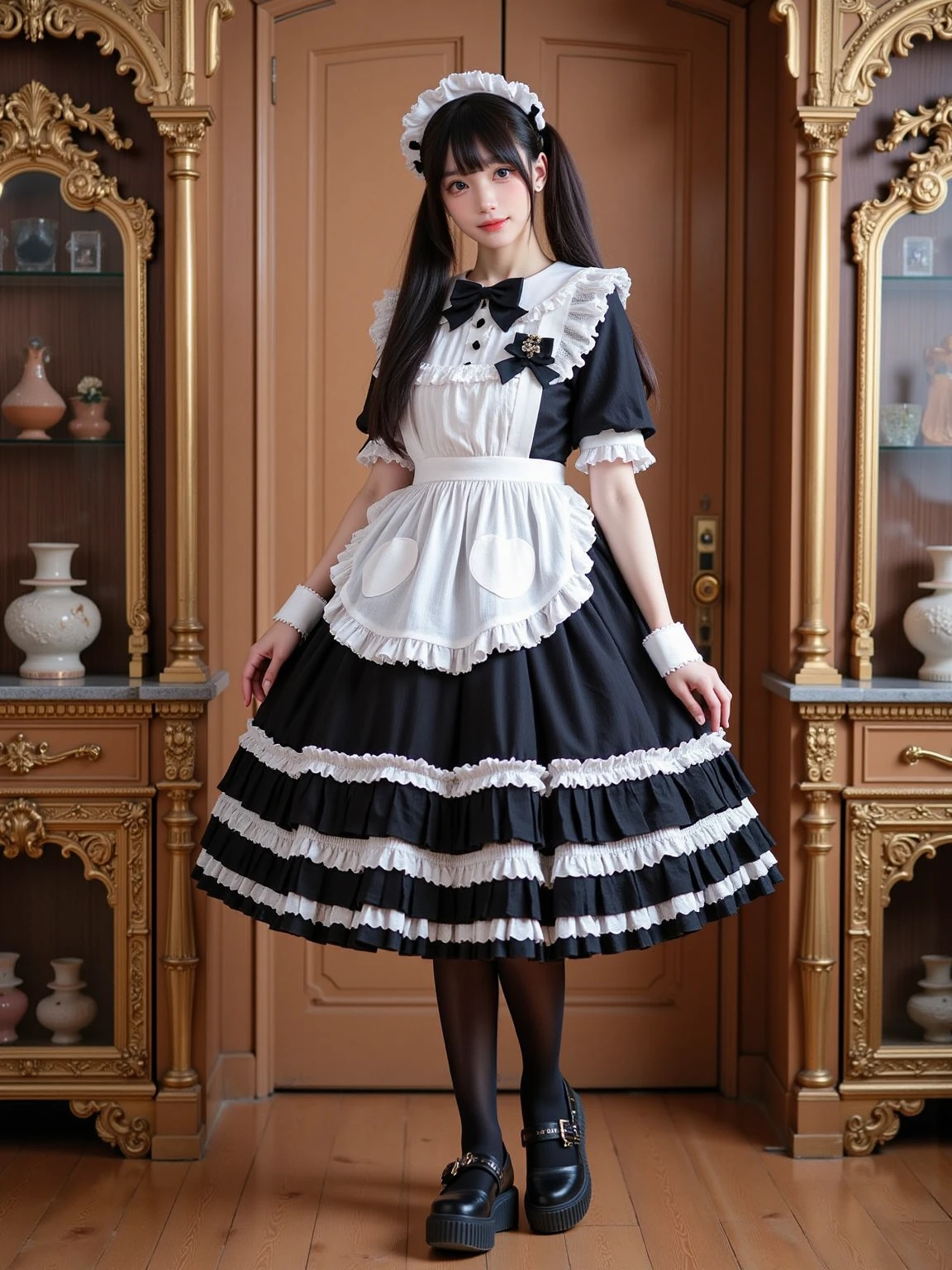 A realistic photo of a beautiful woman dressed in cyb dress and white apron and black bowtie. She is also wearing wrist cuffs and black pantyhose and black platform shoes. She has long black straight hair with low twintails and maid headdress. The background is a luxuriously decorated royal room, there are various decorations in the room. The photo is a full body shot with her entire body visible and with detail background.