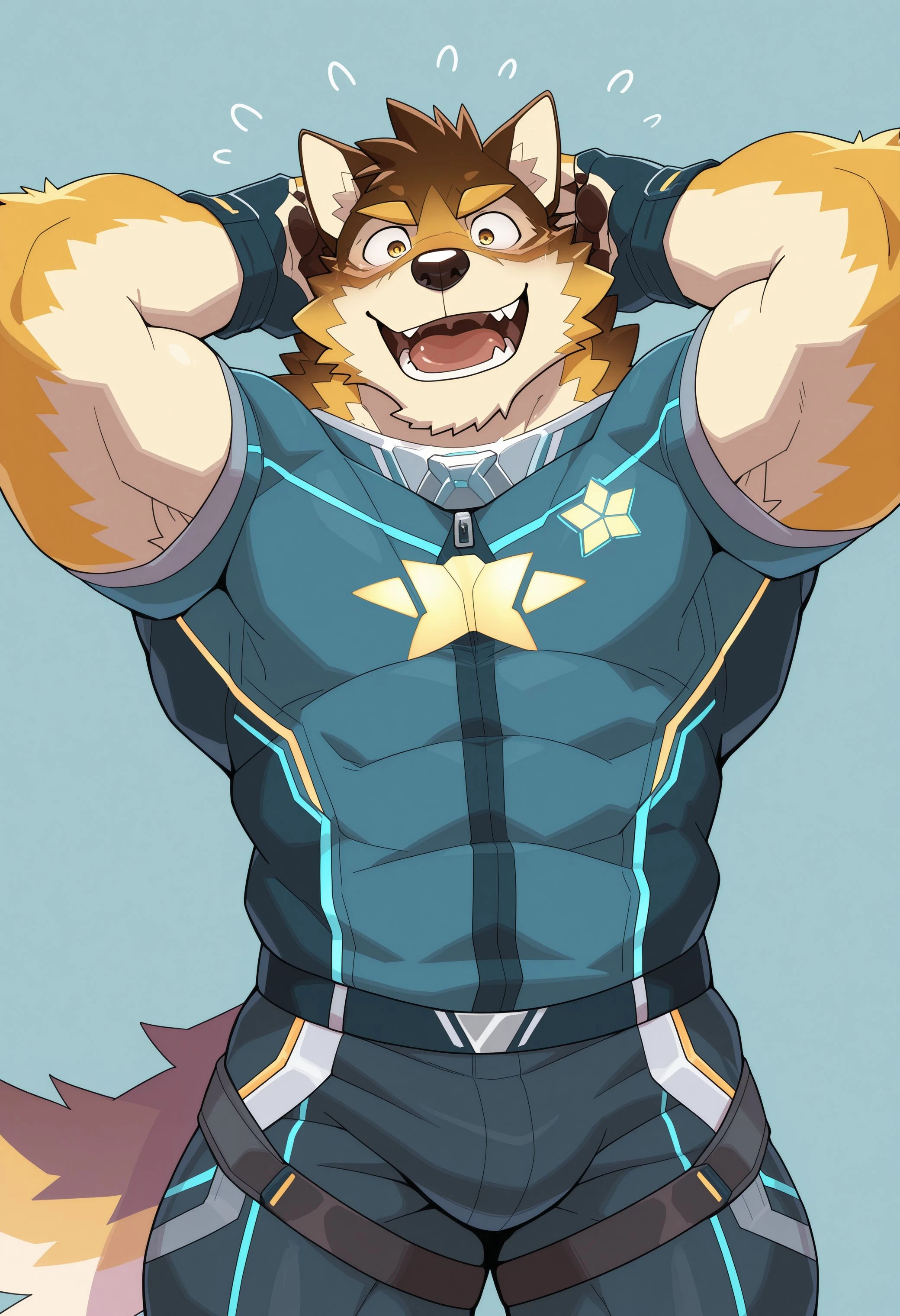 best quality, amazing quality, very aesthetic, absurdres, newest, b4rre1, live a hero, furry, furry male, bara, 1boy, solo, dog boy, muscular, <lora:Barrel_Live_a_hero_Illustrious:1>