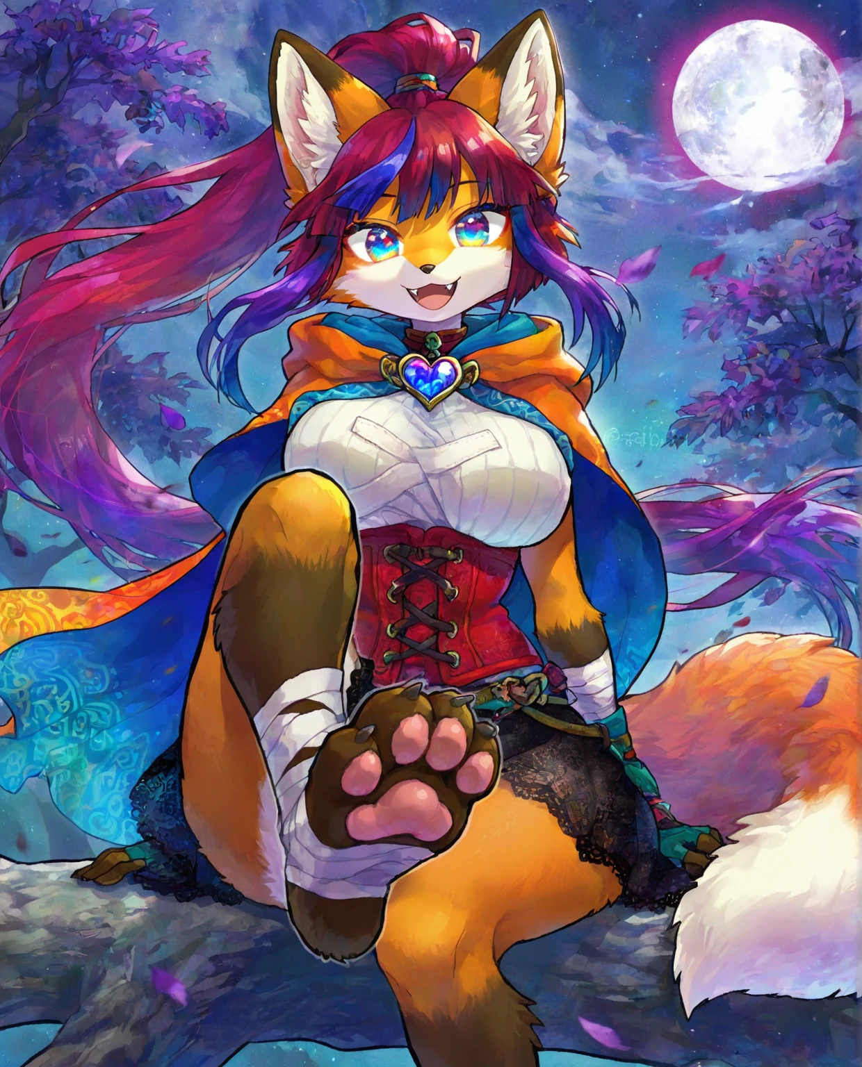(obra maestra)), ((mejor calidad)), ((high resolution)), ((finamente detalle)), 1 chica, hatsume miku x suicune,sonrisa caitivadora, hocico de zorro, colmillos grandes,orejas de kitsune, cuerpo completo, forest landscape, patas hermosas, pisadas de zorro, posando, fairy clothes