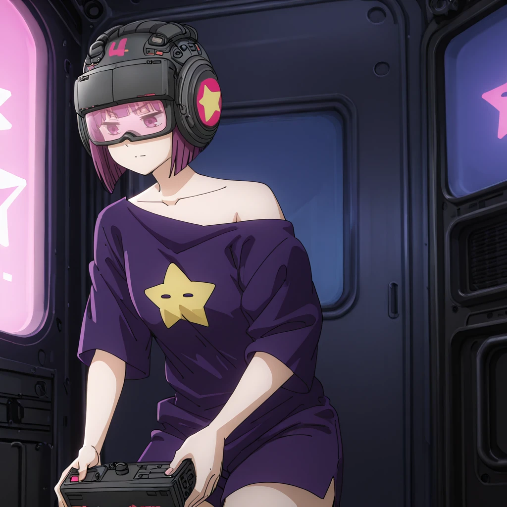 <lora:Shion_illustrious_v1:1>ShionHelmet, 1girl, purple shirt, purple hair, short hair, off shoulder, purple eyes, shorts, headphones, helmet, blunt bangs, collarbone, bob cut, off-shoulder shirt, short sleeves, bare shoulders, star (symbol), t-shirt, jewelry, head-mounted display, cowboy shot