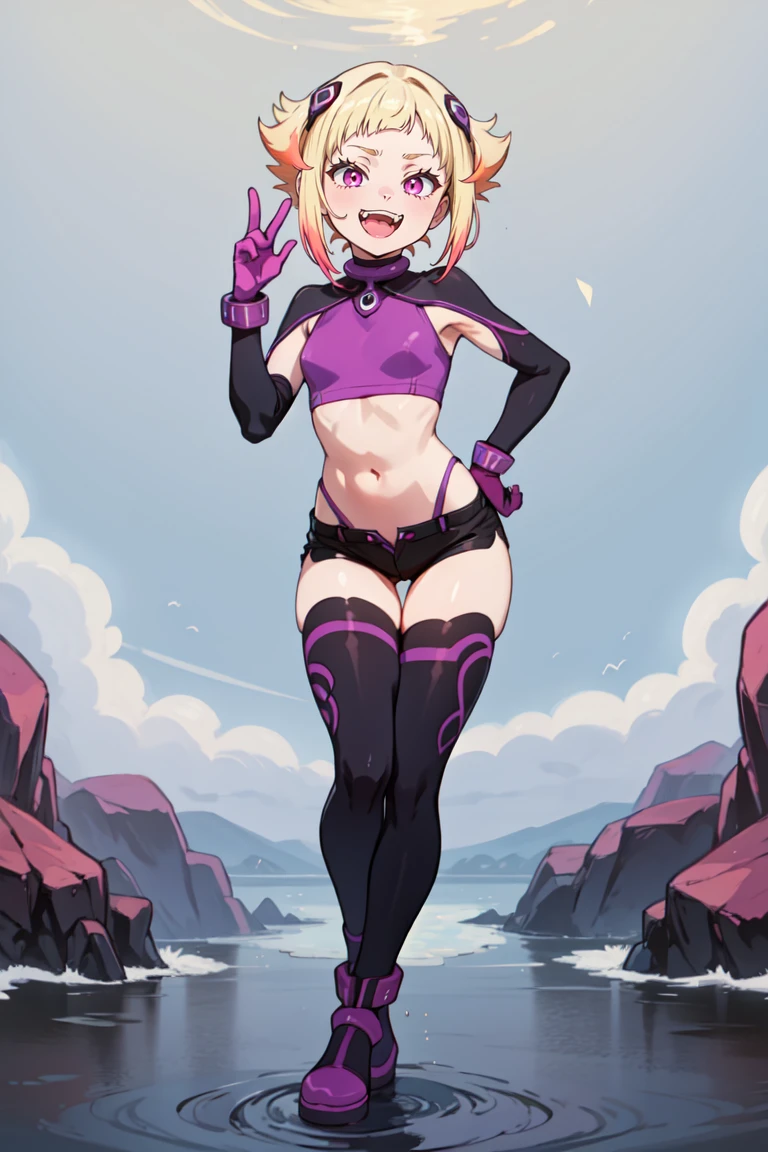 (masterpiece, best quality) , full body  , looking at viewer , standing ,  rzcapella , clothing cutout , multicolored hair   ,black thighhighs    , teeth    , underwear  , fang   , purple gloves,micro shorts,<lora:rzcapella:0.6>