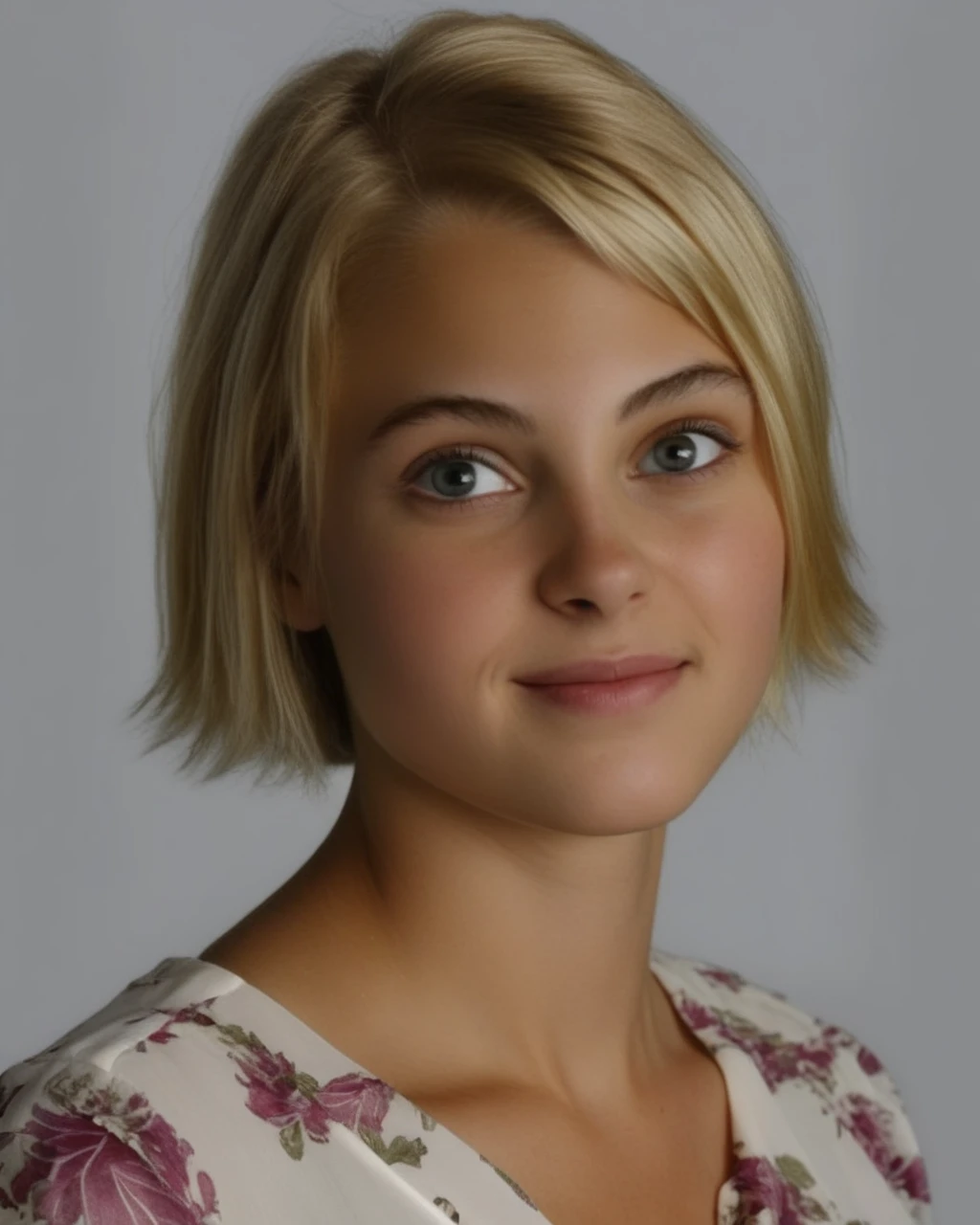 Junge Frau, 18 Jahre alt, Nahaufnahme des Gesichts, vorne paar, little smile, mittelblondes, kurzes Haar, dunkelblaue Augen, white sleeveless t-shirt, white shorts,