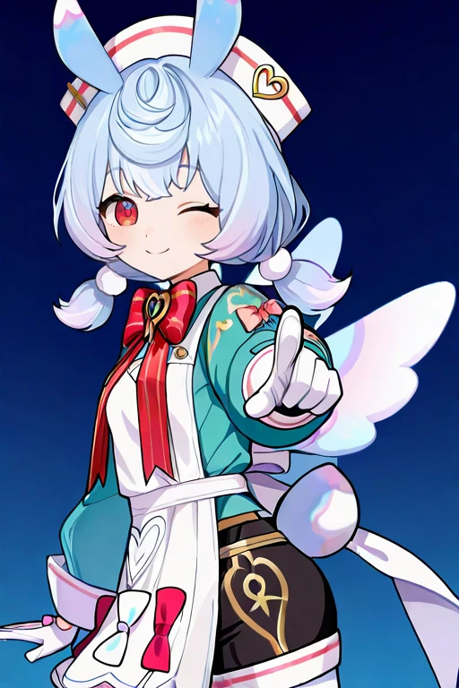 masterpiece, High quality, Ultra detailed, 2d, newest, absurdres, highres, BREAK
1girl, solo, <lora:sigewinne:0.8>, low twintails, pom pom hair ornament, blue hair, white headwear, animal ears, red eyes,
small breasts, sigewinneDef, long sleeves, white apron, aqua shirts, red bowtie, puffy sleeves, white gloves, shorts, black shorts, apron ornament, striped bows, white pantyhose, wings, white back bow, short tail,
looking at viewer, smile, one eye closed, pointing at viewer,