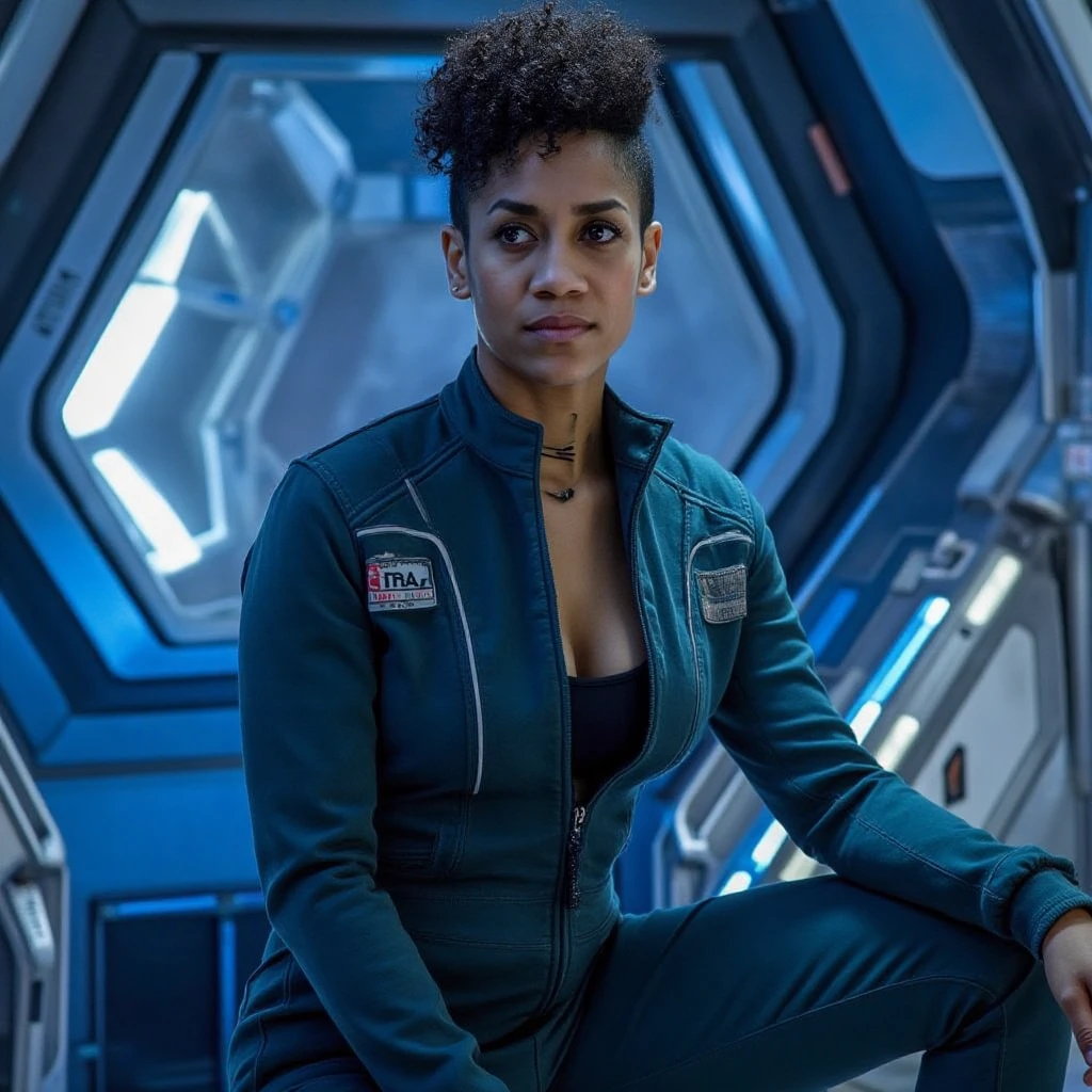 naom1 sitting in a space ship in a jump suit