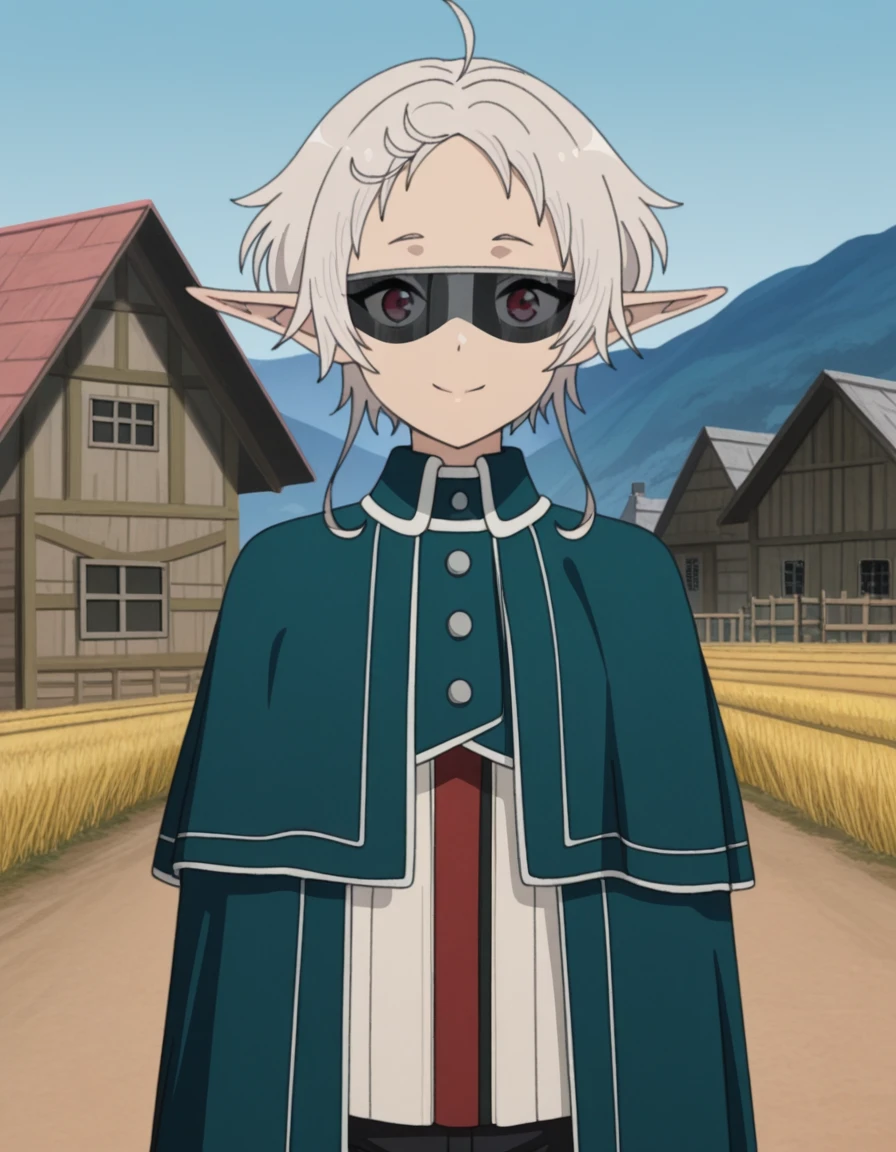masterpiece, best quality, amazing quality,, <lora:sylphiette-s2-illustriousxl-lora-nochekaiser:1>, sylphiette, short hair, ahoge, white hair, pointy ears, elf, red eyes, mature female, small breasts, anime screencap, sunglasses, pants, capelet, black pants, cape,, rural, fields, houses, countryside, quiet, smile, terrified noot noot, looking at viewer, blue background, gradient background, black eyes, gradient, straight-on, looking at viewer, solo,, cowboy shot, solo
