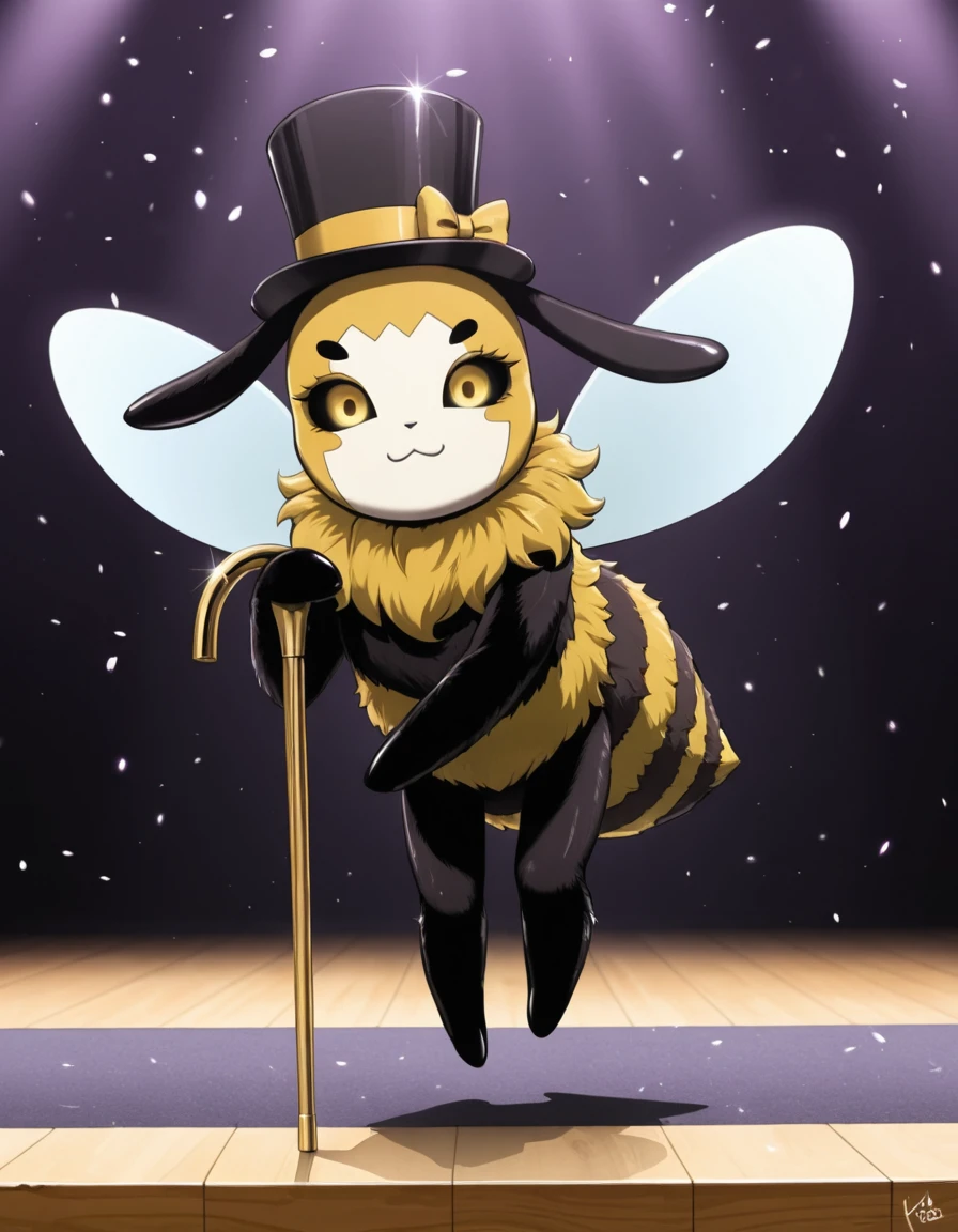 1girl, (very awa,masterpiece,best quality,year 2024,newest,absurdres,highres:1), realistic, skin texture, , RAW, best quality, masterpiece, amazing quality, skin details, <lora:kingbee-illust:1>, kingbee, :3, day, colored sclera, dancing, , yellow eyes, bug, looking at viewer, no humans, closed mouth, wings, on a stage, top hat, cane, 6 legs,
