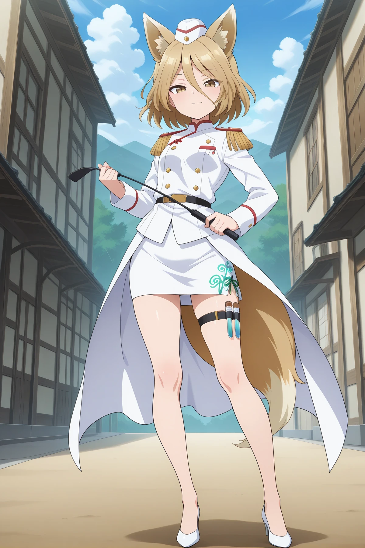 absurdres, highres, masterpiece, best quality, amazing quality, official anime artwork, screencap, anime screencap, outdoors, looking at viewer, light smile, dynamic pose, standing,
<lora:Tsukasa-Kudamaki_Illustrious:1> kudamaki tsukasa, 1girl, solo, brown eyes, blonde hair, short hair, fox ears, fox tail,, alternate costume, military uniform, white hat, garrison cap, epaulettes, white uniform, long sleeves, miniskirt, pencil skirt, waist cape, bare legs, high heels, holding riding crop, thigh strap, test tube, vial,