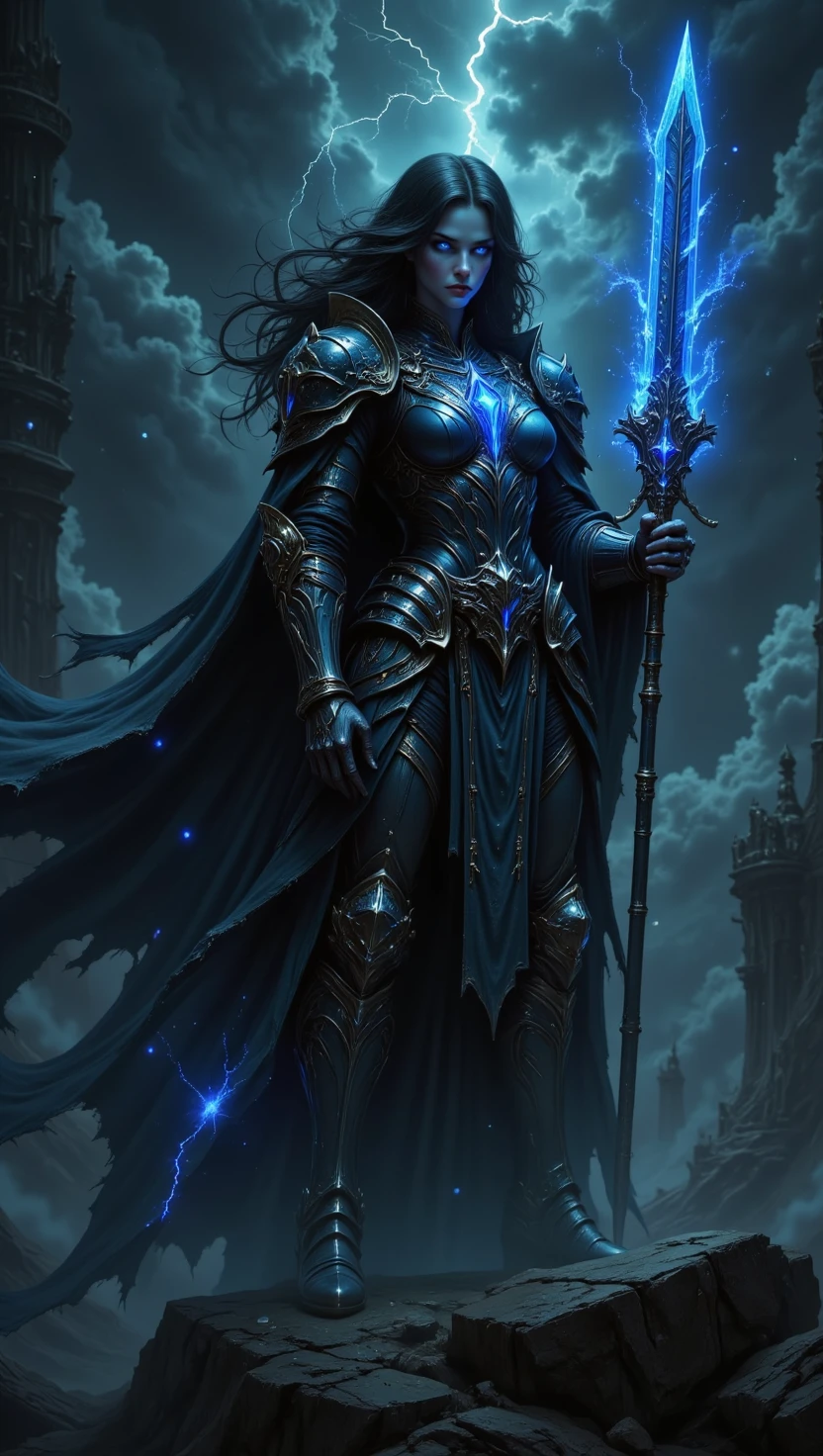pinkdarkfantasy,
Nightfall Guardian: A figure clad in dark armor with glowing blue runes, holding a sword that shimmers with faint sparkles, standing under a stormy sky.