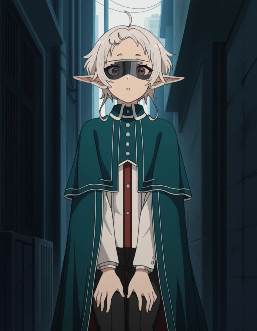 masterpiece, best quality, amazing quality,, <lora:sylphiette-s2-illustriousxl-lora-nochekaiser:1>, sylphiette, short hair, ahoge, white hair, pointy ears, elf, red eyes, mature female, small breasts, anime screencap, sunglasses, pants, capelet, black pants, cape,, alley, narrow, urban, dark, buildings, , hands on own knees, looking at viewer, solo,, cowboy shot, solo