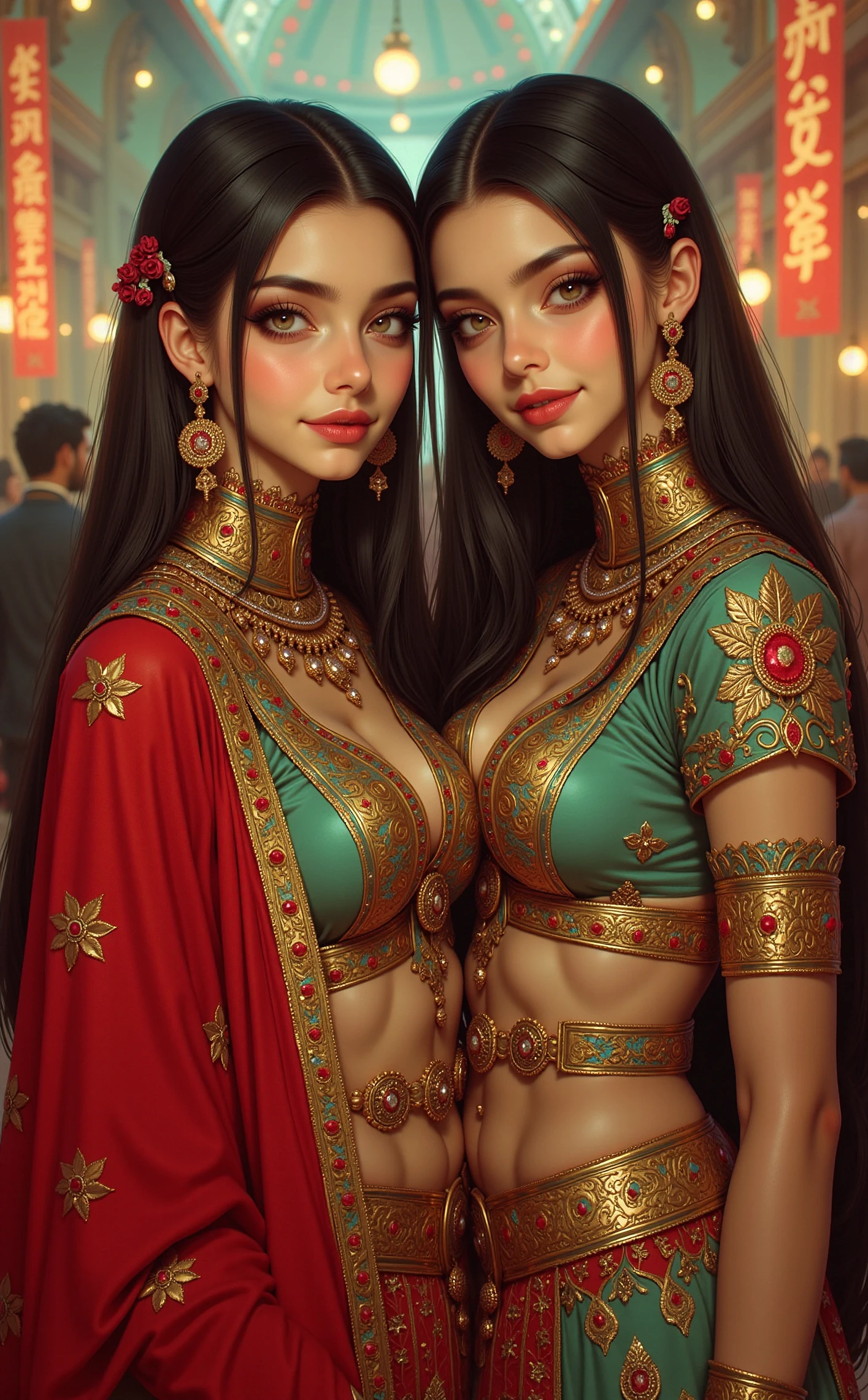 niji, gothic, erotic, anime, Off-center composition, half-body shot, Two women dressed in traditional indian attire, adorned with intricate gold and red embroidery, standing close together and smiling at the camera. the woman on the left, who appears to be a young adult, has dark hair styled in long hair and is wearing a gold and teal bridal outfit with intricate designs and gold jewelry, including earrings and a necklace. she is also wearing a red and gold lehenga with intricate patterns and a matching dupatta. on the right, the same woman, also known as an adult, is standing close to the camera, wearing a similar outfit with a similar design. both women have bright red lipstick on their lips, adding a pop of color to their traditional attire. the background is blurred with bokeh lights, suggesting a festive atmosphere, with people in the distance, creating a warm and inviting ambiance. the image is high quality, with a focus on the two women's faces and the intricate details of their outfits., anime artwork art by Krenz Cushart, , digital illustration, fantasy art, intricate and detailed character designs . anime style, key visual, vibrant, studio anime, highly detailed