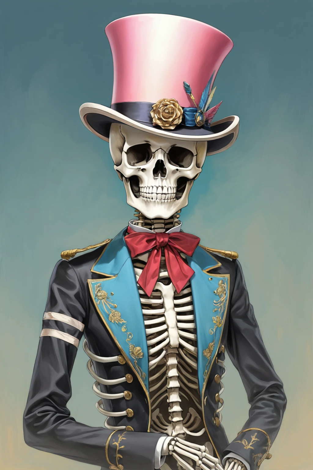 (by Katsuhiro Otomo, by Hiroshi Nagai, by Hajime Sorayama, by Sam Yang), (speed art, 2D painting, pastel colors, high detail, gradient background, pastel background, beautiful art, hyper realistic), (skeleton, top hat, looking at the viewer), (dutch angle, wide angle, full view)