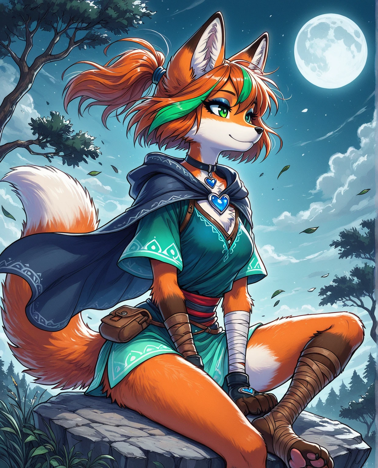 masterpiece, best quality, amazing quality, solo, furry female, sfxm2, fox tail, fox ears, paws, paw pads, (short hair, streaked hair, high ponytail), eyeshadow, fox claws, dark blue cape, (bright green tunic, gradient tunic), heart brooch, moon, trees, bandages, wraps, open-toe footwear, fingerless gloves, vivid contrast, vivid coloring, breeze, windy, fluffy fur, detailed fur, sitting