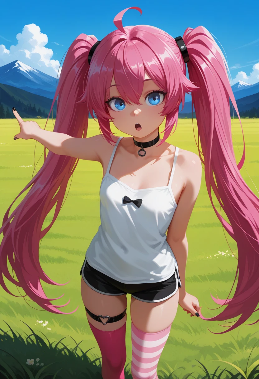 masterpiece, best quality, amazing quality, volumetric lighting, high contrast, realistic, vibrant colour, (no lineart:1.5), BREAK, 1girl, 25 years old, cute, foreshortening,
blue eyes,
pink hair, twintails, very long hair, ahoge, black choker,
white camisole,
single thighhigh, striped thighhighs, pink thighhighs, thigh strap,
black nails,
<lora:soyjack:0.7> open mouth, , soyjack, :o, pointing ,
blue sky, outdoors, mountains, grass,