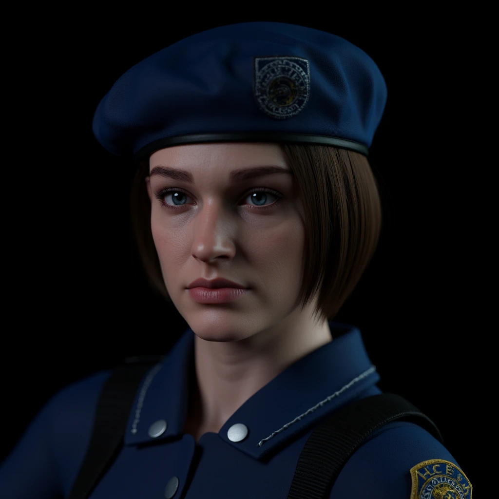 UHD, 4k, ultra detailed, cinematic, a photograph of <lora:Jill Valentine style v1-step00001800:0.8>
Cinematic style Jill Valentine a staring woman in a uniform with a hat on, solo, short hair, blue eyes, brown hair, hat, upper body, signature, uniform, looking to the side, lips, beret, nose, jill valentine, shirt, green eyes, jacket, blue headwear, police, police uniform, policewoman, black background, emblem
, epic, beautiful lighting, inpsiring
