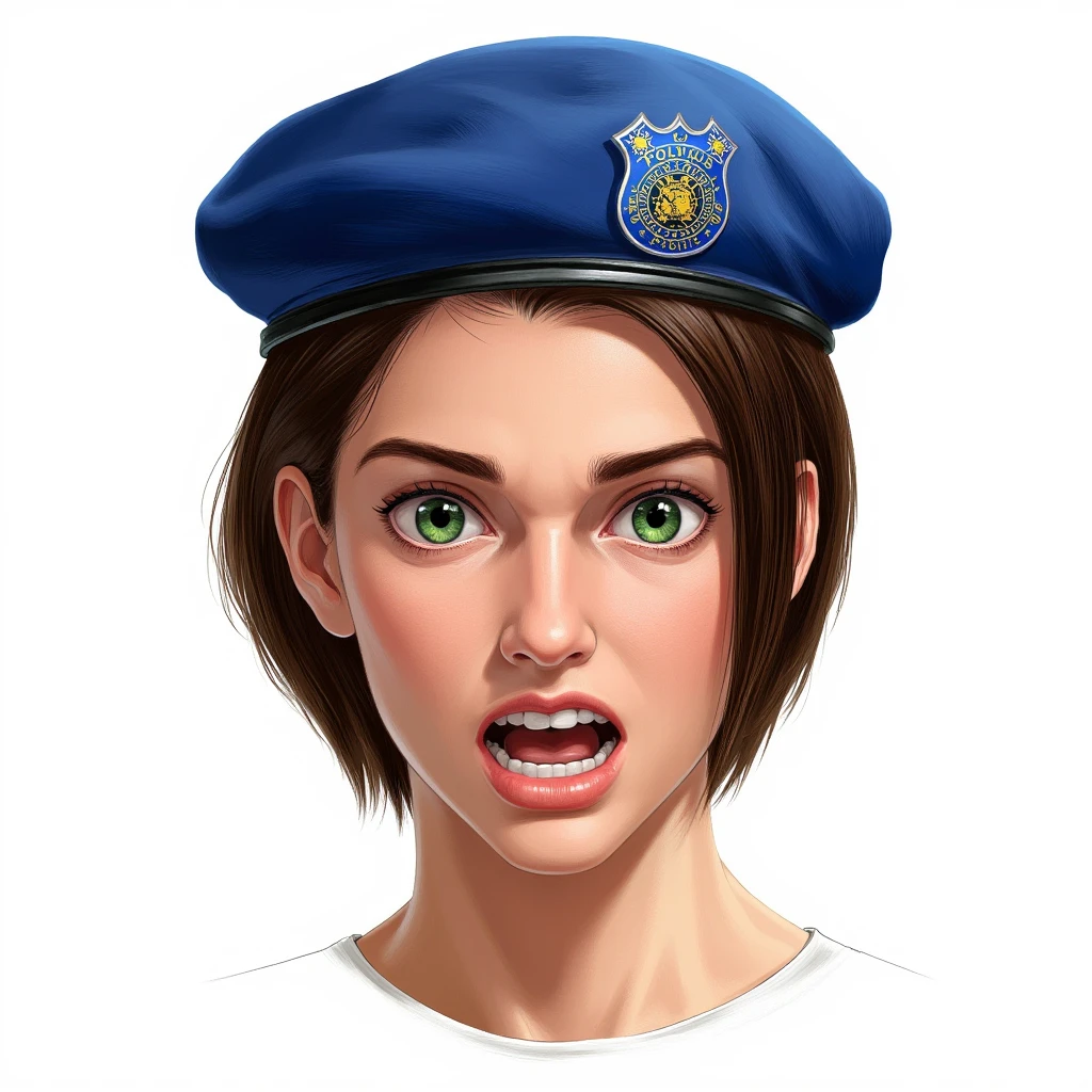UHD, 4k, ultra detailed, cinematic, a photograph of <lora:Jill Valentine style v1-step00001800:0.8>
Cinematic style Jill Valentine a drawing of a surprised teeth grin scared woman with a police hat on her head, closeup, solo, looking at viewer, short hair, simple background, brown hair, white background, hat, green eyes, teeth, lips, beret, portrait, clenched teeth, blue headwear, wide-eyed, jill valentine, epic, beautiful lighting, inpsiring