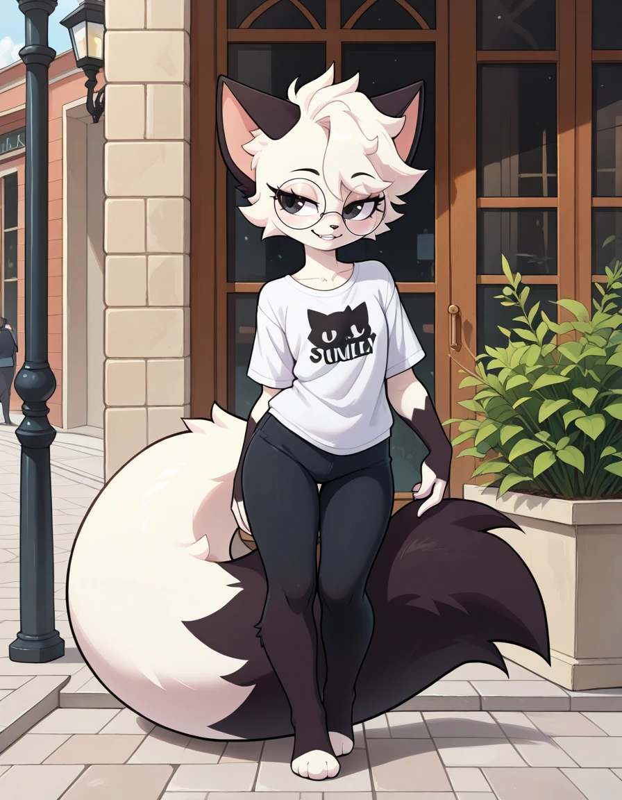 masterpiece, best quality, very aesthetic, absurdres,
outdoors,
full body, posing, casual,
seductive smile, parted lips, long eyelashes,
<lora:Catt_v01_NAIXL:1>,
Catt,1girl,solo,furry,furry female,cat girl,short hair,white hair,cat ears,black eyes,round eyewear,animal nose,body fur,two-tone fur,white fur,black fur,cat tail,
