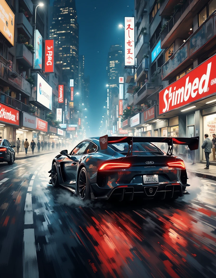 race car speeding down a futuristic city street at night, neon reflections streaking off the carâs surface, tires kicking up dust and energy trails, A dinkfsn style ink wash painting, <lora:Inkwash-Fusion_v30-000030:1>