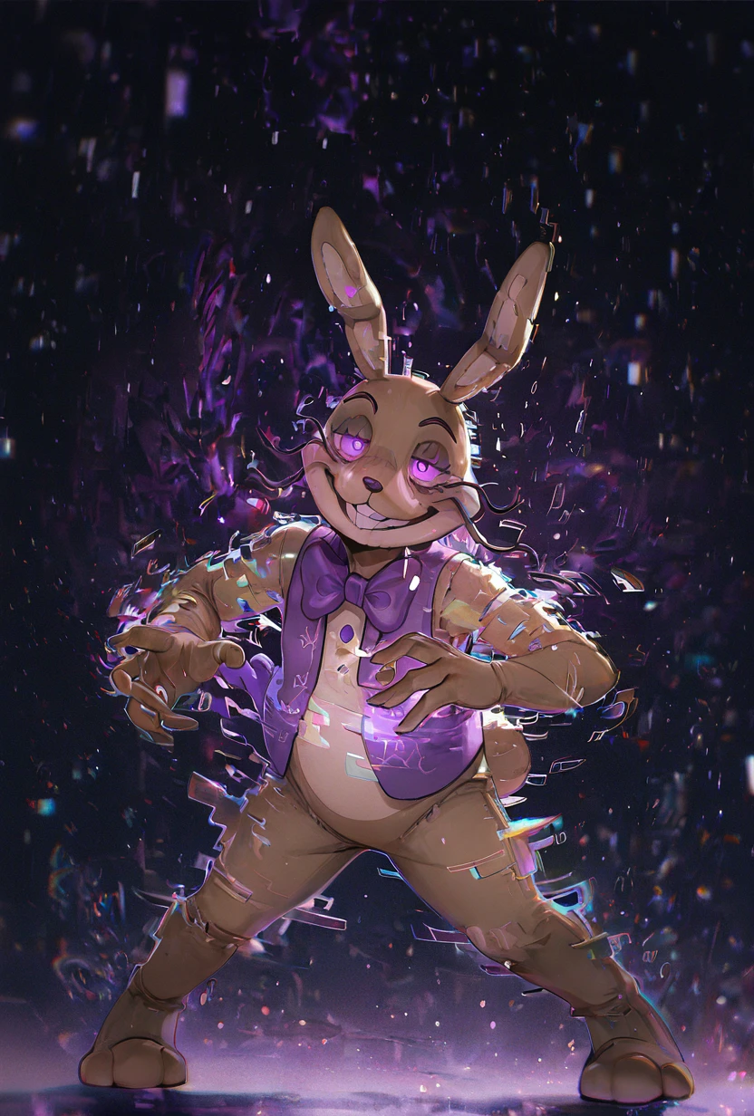<lora:glitchtrap-04:1> glitchtrap, smile, purple bowtie, purple vest, , furry, 1boy, rabbit ears, dynamic pose, glitch effects, glitch particles <lora:WSSKX_WAI:1>, masterpiece, best quality, amazing quality, very aesthetic, absurdres, newest,