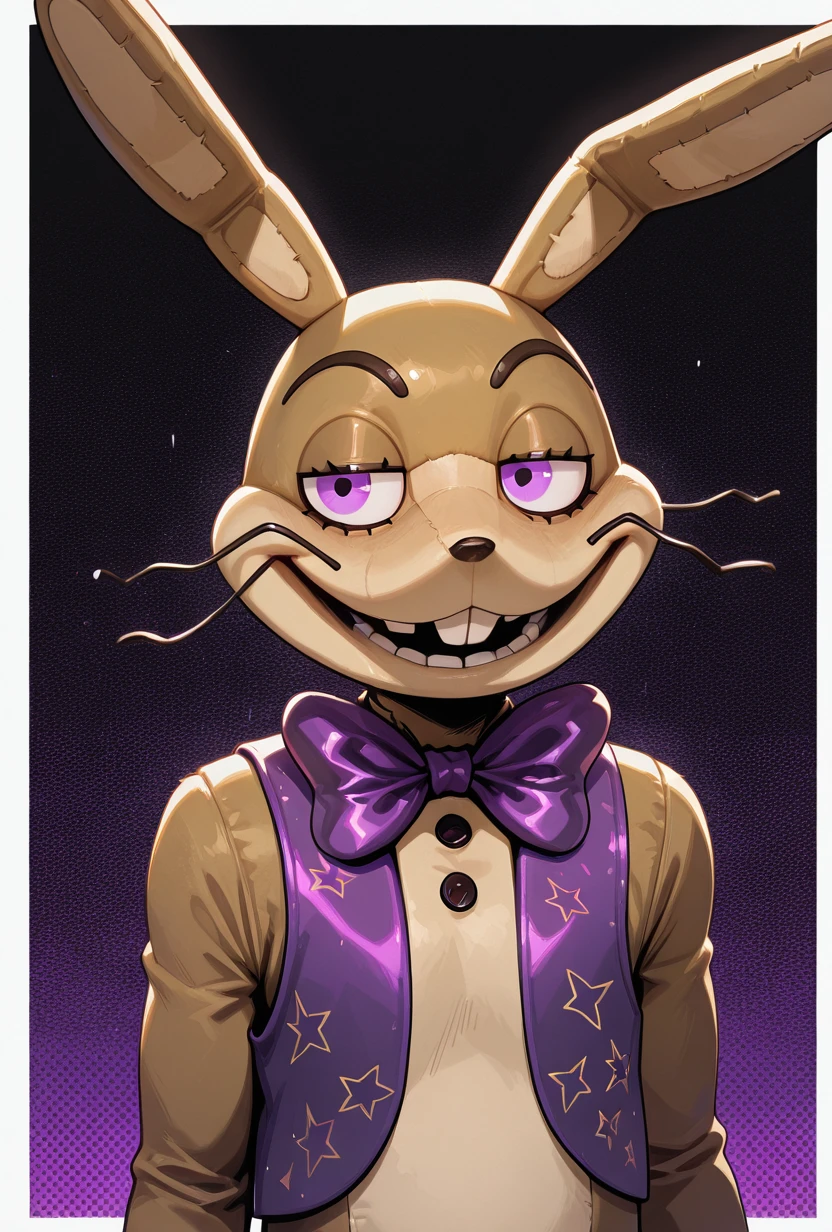 <lora:glitchtrap-04:1> glitchtrap, smile, purple bowtie, purple vest, , furry, 1boy, rabbit ears, masterpiece, best quality, amazing quality, very aesthetic, absurdres, newest,, upper body, halftone effect, white borders, abstract background:1.2,