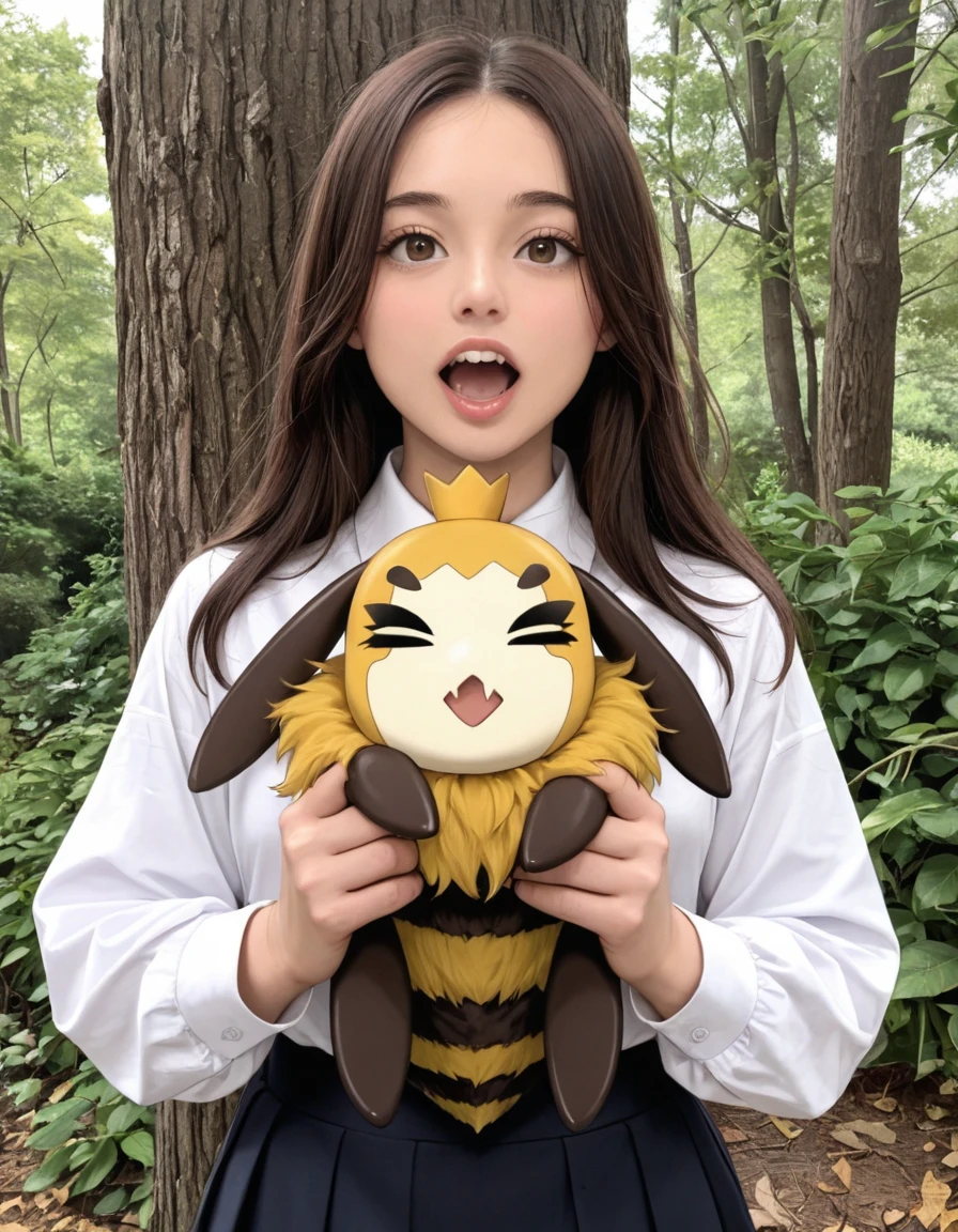 1girl, (very awa,masterpiece,best quality,year 2024,newest,absurdres,highres:1), realistic, skin texture, , RAW, best quality, masterpiece, amazing quality, skin details, <lora:kingbee-illust:1>, kingbee, open mouth, brown hair, brown eyes, fang, holding, > <, crossover, bug, holding animal, thick eyebrows, bangs, skin fang, long sleeves, outside, next to a tree,
