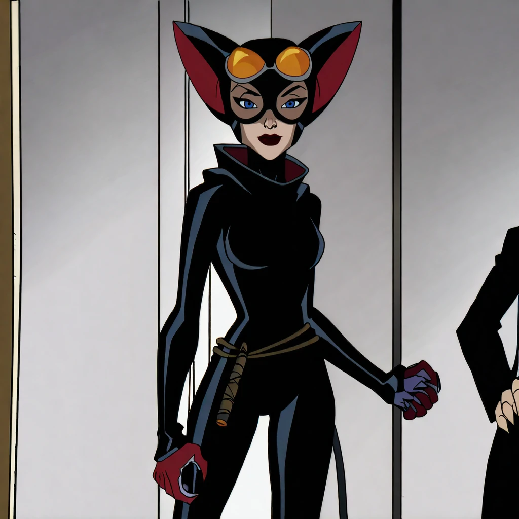 catwoman with cleavage,looking at camera, dark background