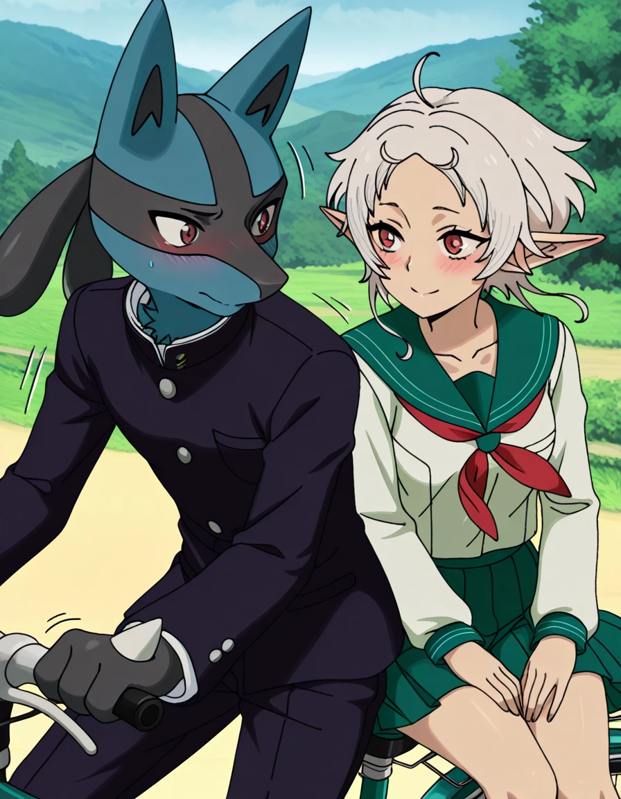 masterpiece, best quality, amazing quality,, <lora:sylphiette-s2-illustriousxl-lora-nochekaiser:1>, sylphiette, short hair, ahoge, white hair, pointy ears, elf, red eyes, mature female, small breasts, anime screencap, <lora:pillion-ponyxl-lora-nochekaiser:1>, pillion, brown eyes, hetero, couple, ground vehicle, riding, bicycle, multiple riders, outdoors, motion, floating hair, motion lines, hands on thighs,, school uniform, serafuku, gakuran, collarbone, blush, looking at another, smile, cowboy shot, knees,, <lora:lucario-illustriousxl-lora-nochekaiser:1>, lucario, furry male, interspecies, furry with non-furry, furry, pokemon (creature), 1boy, red eyes,, , cowboy shot, solo