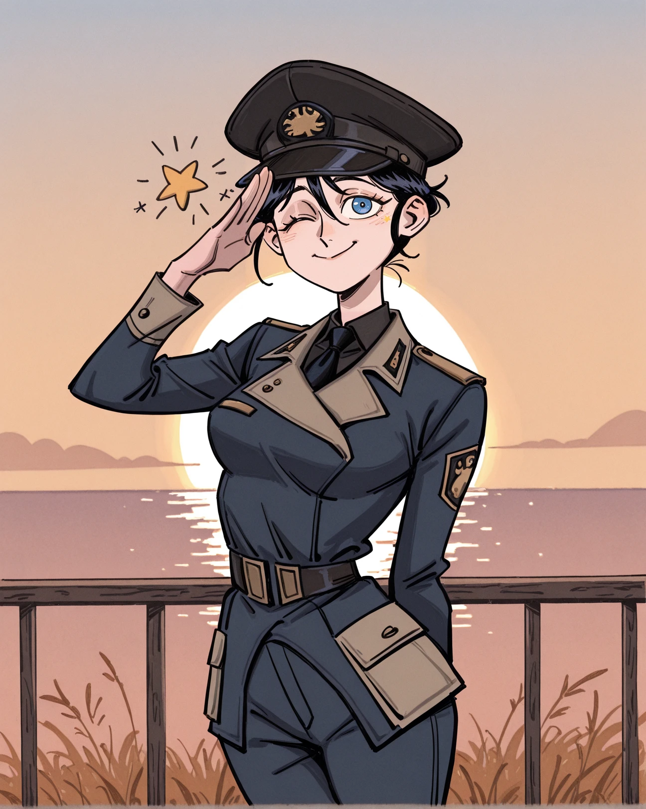 flat colors, (thisuserisalive:1.2) ,hires, masterpiece, valbun, 1girl, solo, ,blue eyes, long black hair, medium breasts, enclaveuni, uniform, peaked cap, hat, salute, wink, wink star, standing, outdoors, sunrise <lora:AniHuaILXL:1> <lora:F76_enclave_uni:0.9> <lora:ValbunStyle-IL:1>