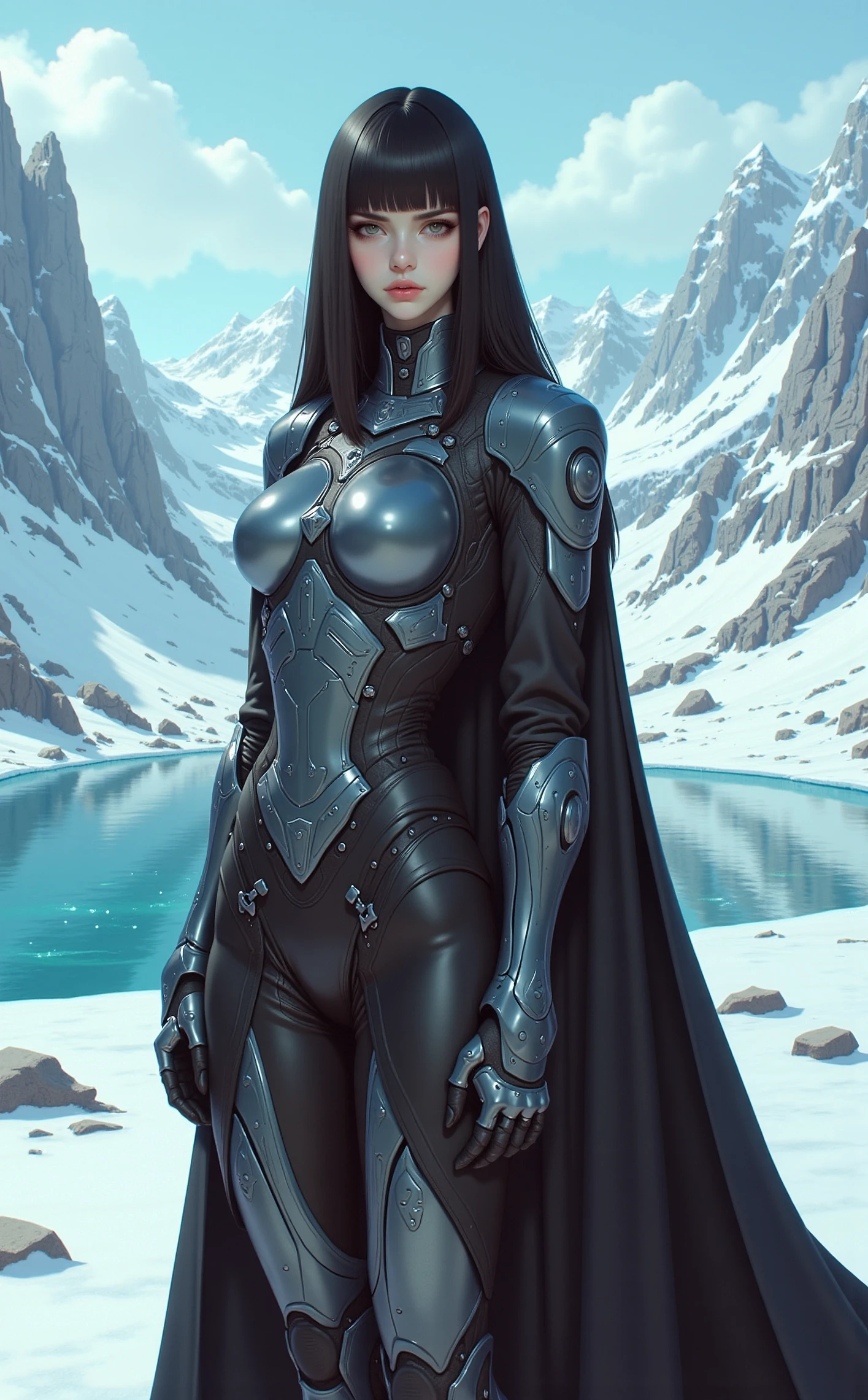 niji, gothic, erotic, anime, Off-center composition, right-aligned dynamic composition, A digital illustration shoot from a frontal camera angle about a futuristic female robot standing confidently in a desolate landscape with snow-covered mountains in the background. the image also shows a solo female robot, standing in the middle of the image, wearing a futuristic, metallic armor with intricate designs and a long, flowing cape. the robot has a serious expression and is positioned in the center of the frame, with her full body visible. she has long, black hair that falls down her back, and her eyes are focused intently on the viewer. her body is slim, and she is wearing armor with pauldrons and armor plates, giving her a cyberpunk aesthetic. she is standing with her hands on her hips, looking directly at the viewer, with a calm, serene atmosphere. the scene is set against a backdrop of a snowy mountain range and a cold, icy lake, with the robot's metallic armor reflecting the sky and the surrounding landscape.