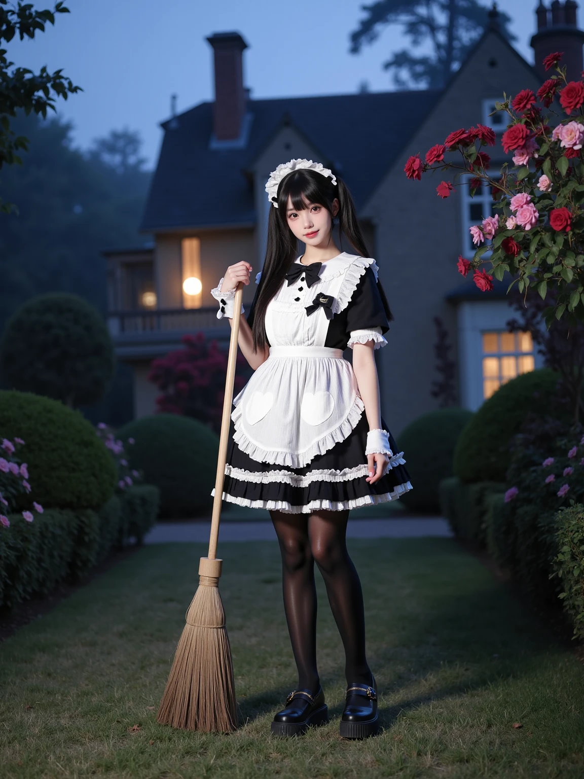 A realistic photo of a beautiful woman dressed in short cyb dress and white apron and black bowtie. She is also wearing wrist cuffs and black pantyhose and black platform shoes. She has long black straight hair with low twintails and maid headdress. She is holding a long broom. The background is wealthy manor with flowers and trees and old house at night with mist. The photo is a full body shot with her entire body visible and with detail background.