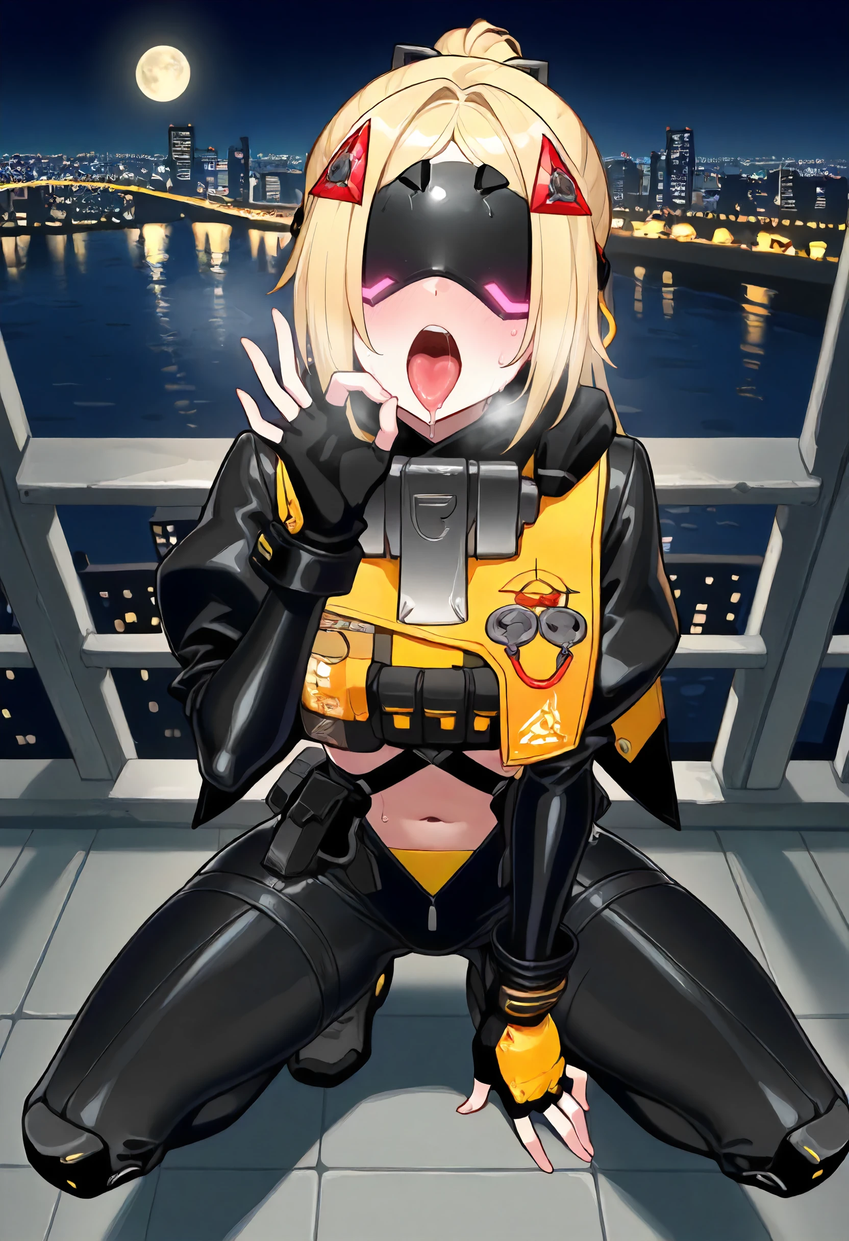 masterpiece, best quality, amazing quality, very aesthetic, absurdres, newest, scenery, volumetric lighting, perfect eyes, ultra detailed,
1girl, Trigger, solo, blonde hair, hair ornaments, ponytail, metal blindfold, black blindfold, pink lower-blindfold leds,
combat-suit, yellow and black combat-suit, black sleeves, midriff, navel, fingerless gloves, yellow and black wing cape, black pants, knee braces,
squatting, spread legs, from above, looking at viewer, open mouth, tongue out, fellatio gesture, drooling, blushing, sweating, visible breath,
city lights, night sky, moon and stars, modern city, beautiful frame, river, detailed background,
<lora:Trigger_-_Zenless_Zone_Zero_ZZZ_-_Illustrious:1>
masterpiece, best quality, amazing quality, very aesthetic, absurdres, newest, scenery, volumetric lighting, perfect eyes, ultra detailed,
