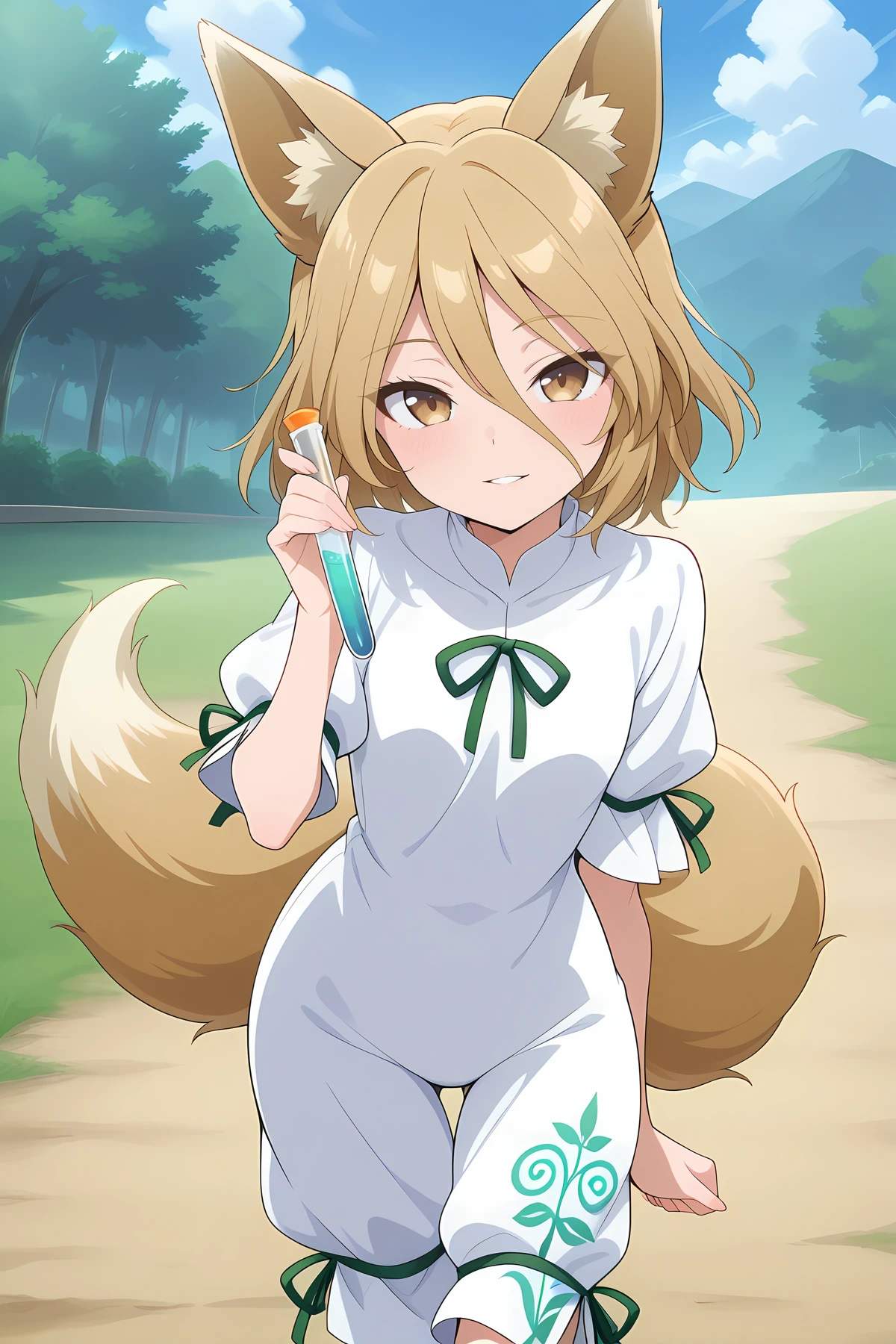 absurdres, highres, masterpiece, best quality, amazing quality, official anime artwork, screencap, anime screencap, outdoors, looking at viewer, light smile, dynamic pose, standing,
<lora:Tsukasa-Kudamaki_Illustrious:1> kudamaki tsukasa, 1girl, solo, brown eyes, blonde hair, short hair, fox ears, fox tail,, white romper, green ribbon, puffy short sleeves, holding test tube, parted lips,