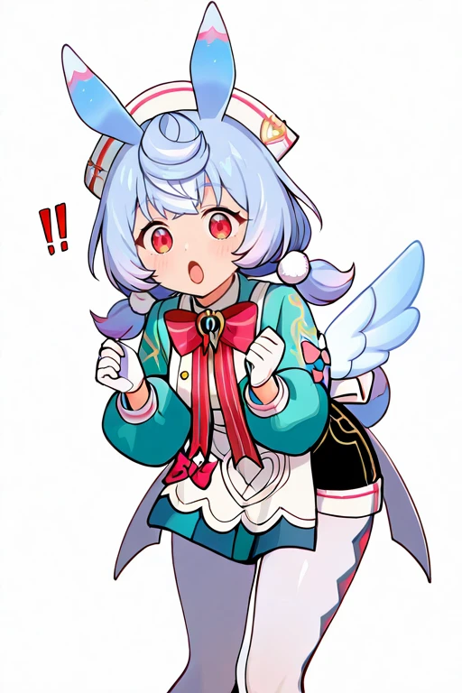 masterpiece, High quality, Ultra detailed, 2d, newest, absurdres, highres, BREAK
1girl, solo, <lora:sigewinne:0.8>, low twintails, pom pom hair ornament, blue hair, white headwear, animal ears, red eyes,
small breasts, sigewinneDef, long sleeves, white apron, aqua shirts, red bowtie, puffy sleeves, white gloves, shorts, black shorts, apron ornament, striped bows, white pantyhose, wings, back white bow, short tail,
looking at viewer, surprised, !!, open mouth, hands up,