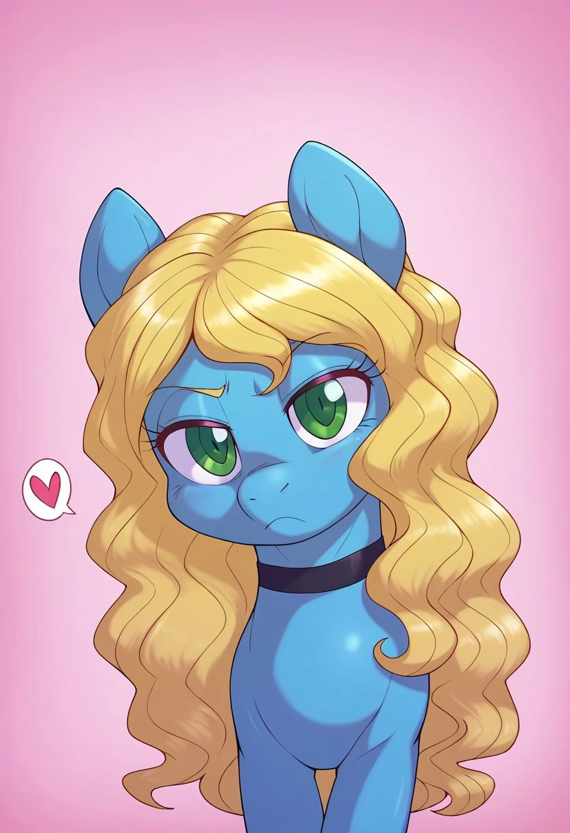 score_9, score_8_up, score_7_up BREAK ((blue body,(blonde hair,long hair,wavy hair),(green-eyed),female,eyelashes,cute:5,adorable:3,adorasexy:1,good_anatomy,feral,eart pony)), pony, g4, bust, choker, cute, female, frown, heart, looking at you, mare, pink background, is not amused, simple background, solo, unamused, mnfclub, zPDXLxxx