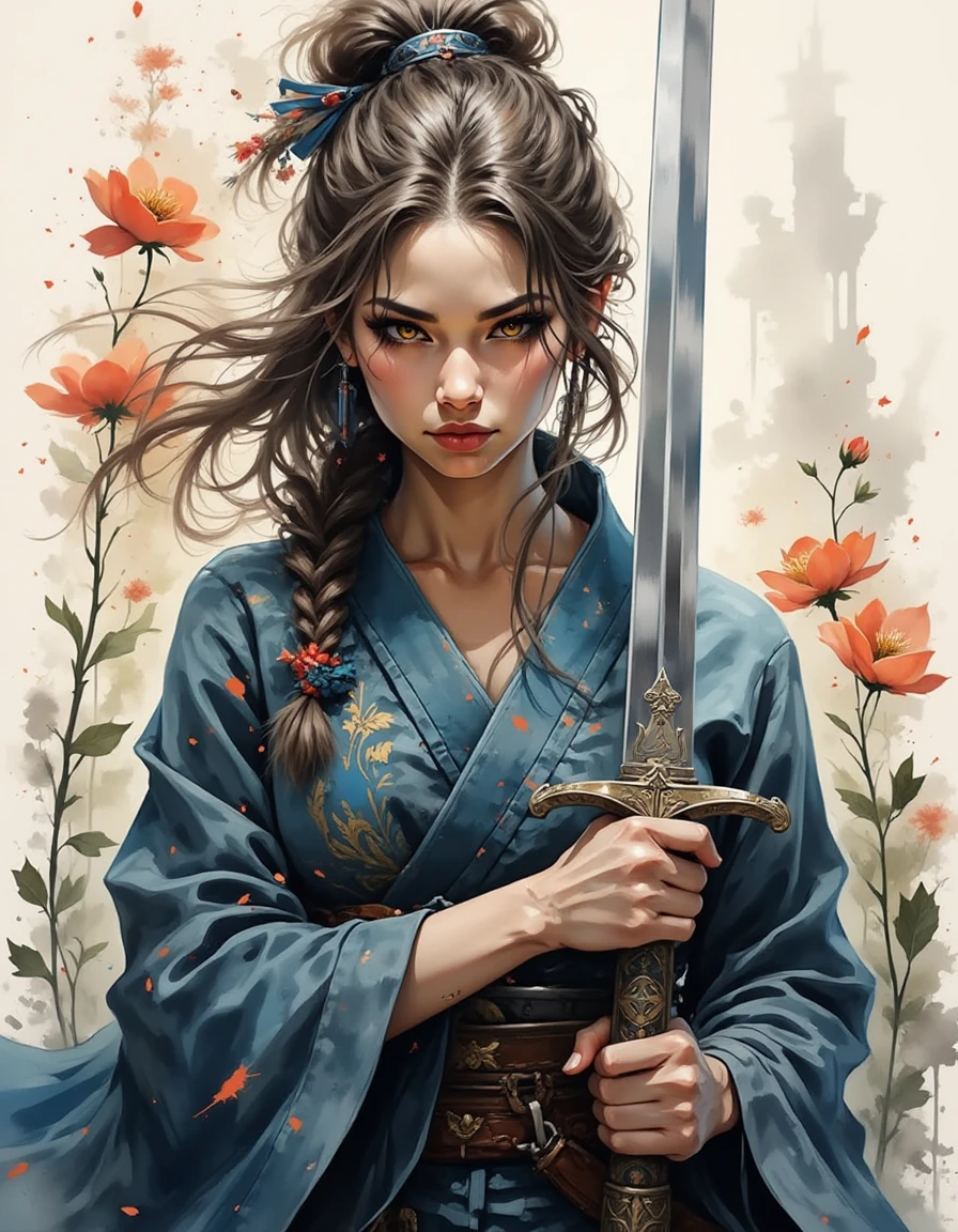 A young woman stands with a focused expression, holding a sword with both hands, showcasing her strength and determination. She has long, flowing hair and striking features, highlighted by a soft, dramatic light that accentuates her cheekbones and sharp gaze. The sword's ornate hilt, featuring intricate designs, contrasts with the sleek, shiny blade that reflects light sharply. She is wearing a blue garment adorned with elaborate patterns, lending an air of elegance to her fierce stance., ink splatter, ink drip, A dinkfsn style ink wash painting, <lora:Inkwash-Fusion_v30-000030:1>