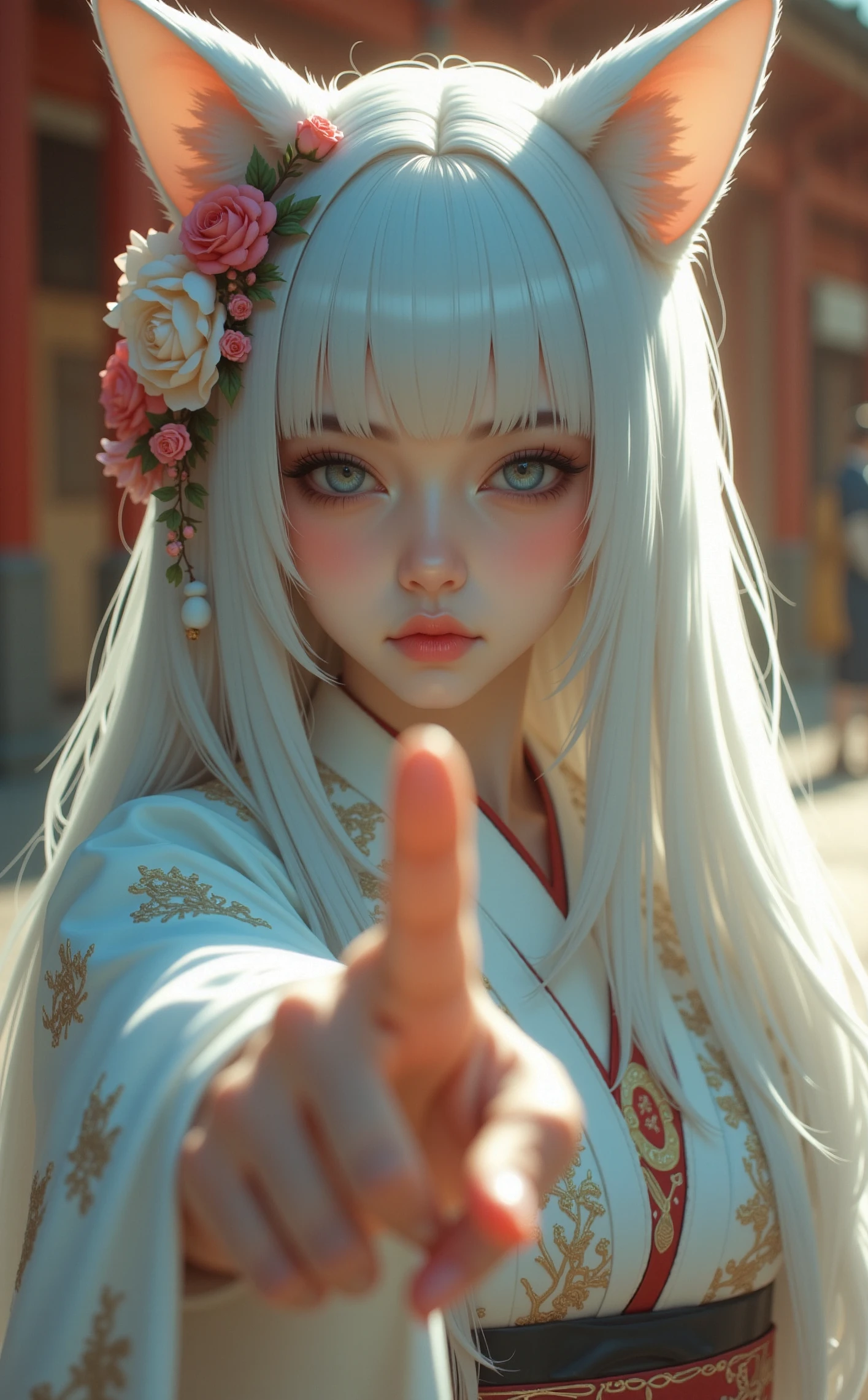niji, gothic, erotic, anime, off-center composition, dynamic left aligned composition, A photo-realistic shoot from a close-up camera angle about a young woman with cat ears and long, flowing white hair adorned with flowers, wearing a traditional japanese outfit. the image also shows a soft, blurred background with warm, golden hues. on the middle of the image, a 20 years old woman with light blue hair and cat ears appears to be pointing at the viewer with her right hand, her blue eyes looking directly at the camera with a serious expression. she is wearing a white kimono with intricate gold embroidery and a hairpiece with flowers in her hair. her hair is long and flowing, and she has a delicate, ethereal appearance. the woman is positioned in the center of the frame, with her upper body visible, and the background is slightly blurred, giving the image a dreamy and ethereal feel.