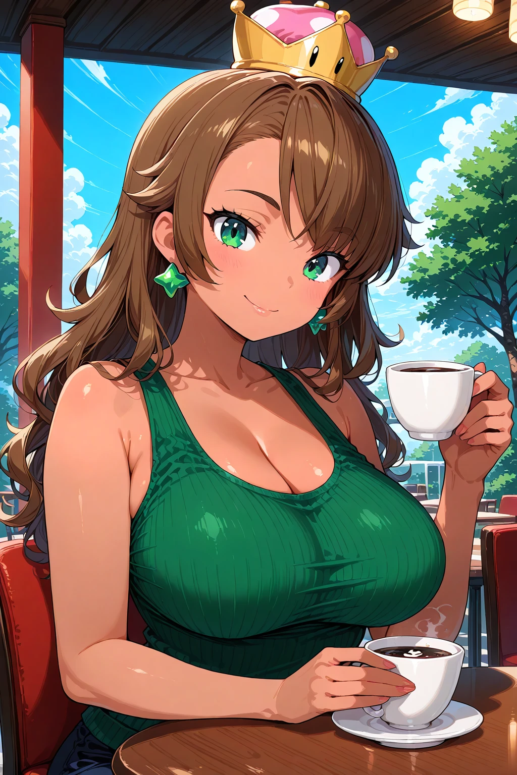 1girl, solo, super crown, <lora:Super Crown Illustrious:0.6>, dark-skinned female, large breasts, sitting, holding cup, coffee, restaurant, outside, table, looking at viewer, tank top, long hair, wavy hair, smile, brown hair, green eyes, asymmetrical bangs, star earrings,