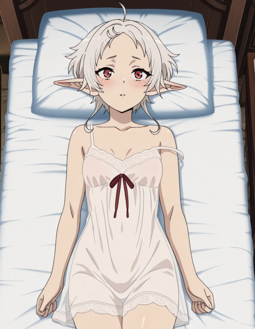 masterpiece, best quality, amazing quality,, <lora:sylphiette-s2-illustriousxl-lora-nochekaiser:1>, sylphiette, short hair, ahoge, white hair, pointy ears, elf, red eyes, mature female, small breasts, anime screencap, <lora:chemise-ponyxl-lora-nochekaiser:1>, chemise, strap slip, see-through, bare shoulders, collarbone, thighs,, indoors, bed, bed room, on back, on bed, blush, , cowboy shot, solo
