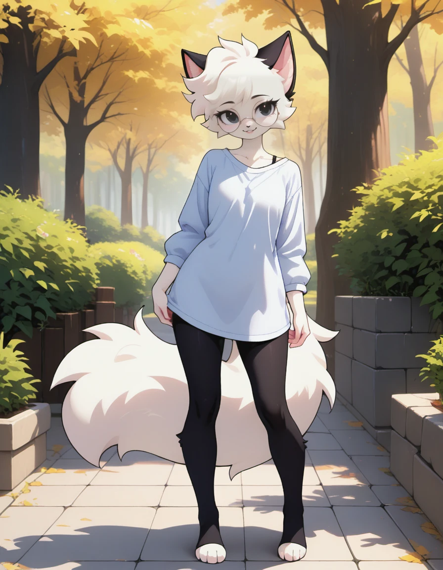 masterpiece, best quality, very aesthetic, absurdres,
outdoors,
full body, posing, casual,
seductive smile, parted lips, long eyelashes,
<lora:Catt_v01_NAIXL:1>,
Catt,1girl,solo,furry,furry female,cat girl,short hair,white hair,cat ears,black eyes,round eyewear,animal nose,body fur,two-tone fur,white fur,black fur,cat tail,