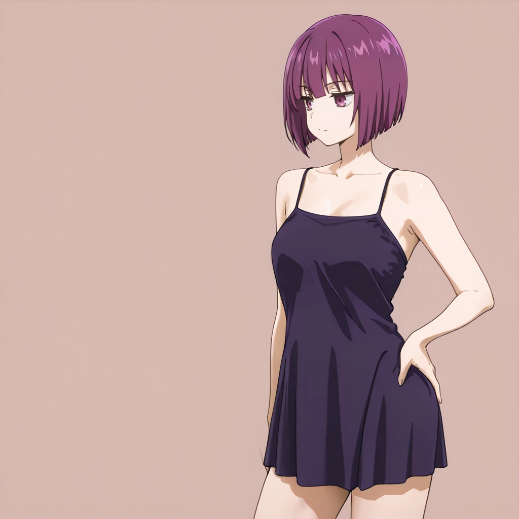<lora:Shion_illustrious_v1:1> Shion, 1girl, short hair, purple hair, purple eyes, bangs, cowboy shot, <lora:Sexy_simple_dress:0.81> sesidr, short dress, spaghetti strap